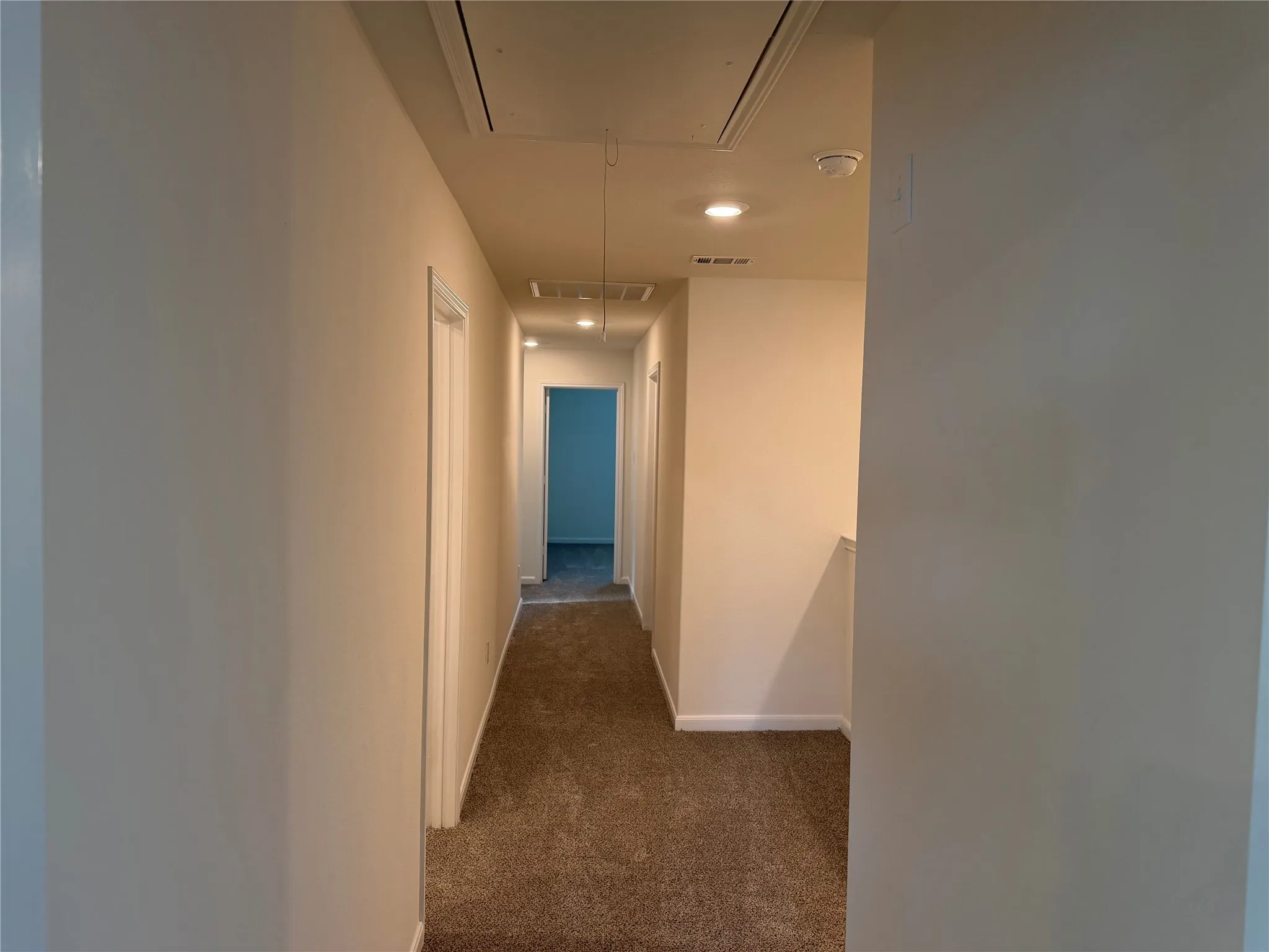 Carpeted hallway with flush-mount lighting and white trim