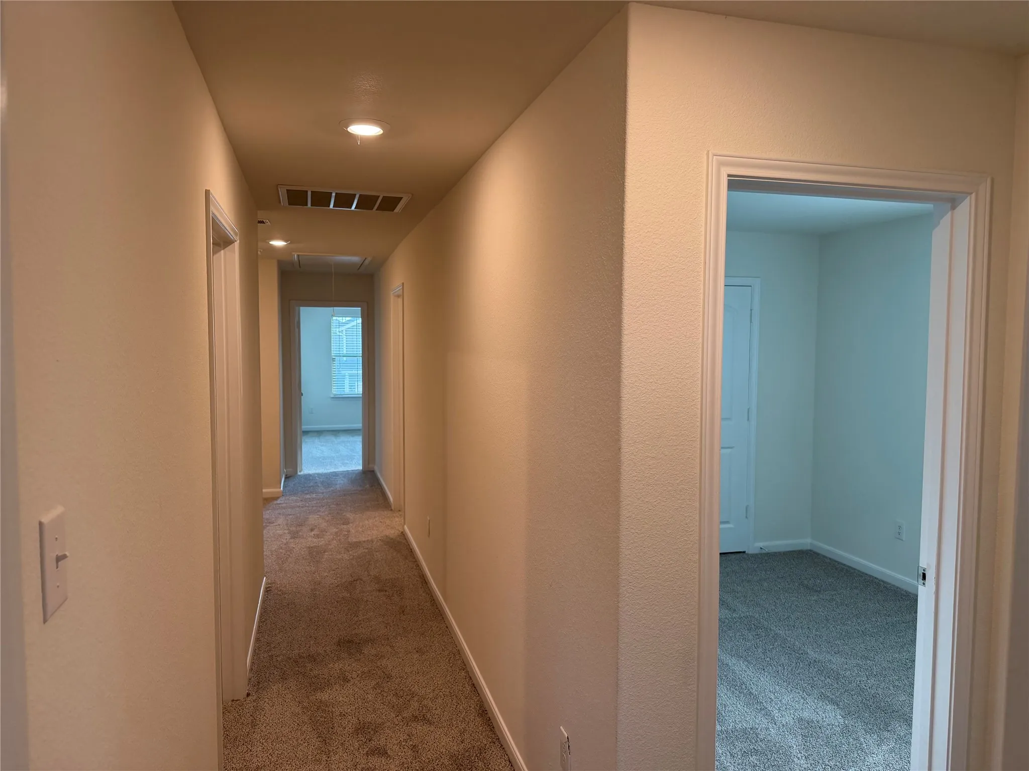 Bright hallway with recessed ceiling lighting, neutral wall finishes, and direct access to multiple rooms