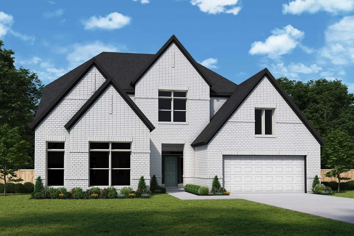 Contemporary two-story residence featuring a white brick exterior and a contrasting dark shingled roof