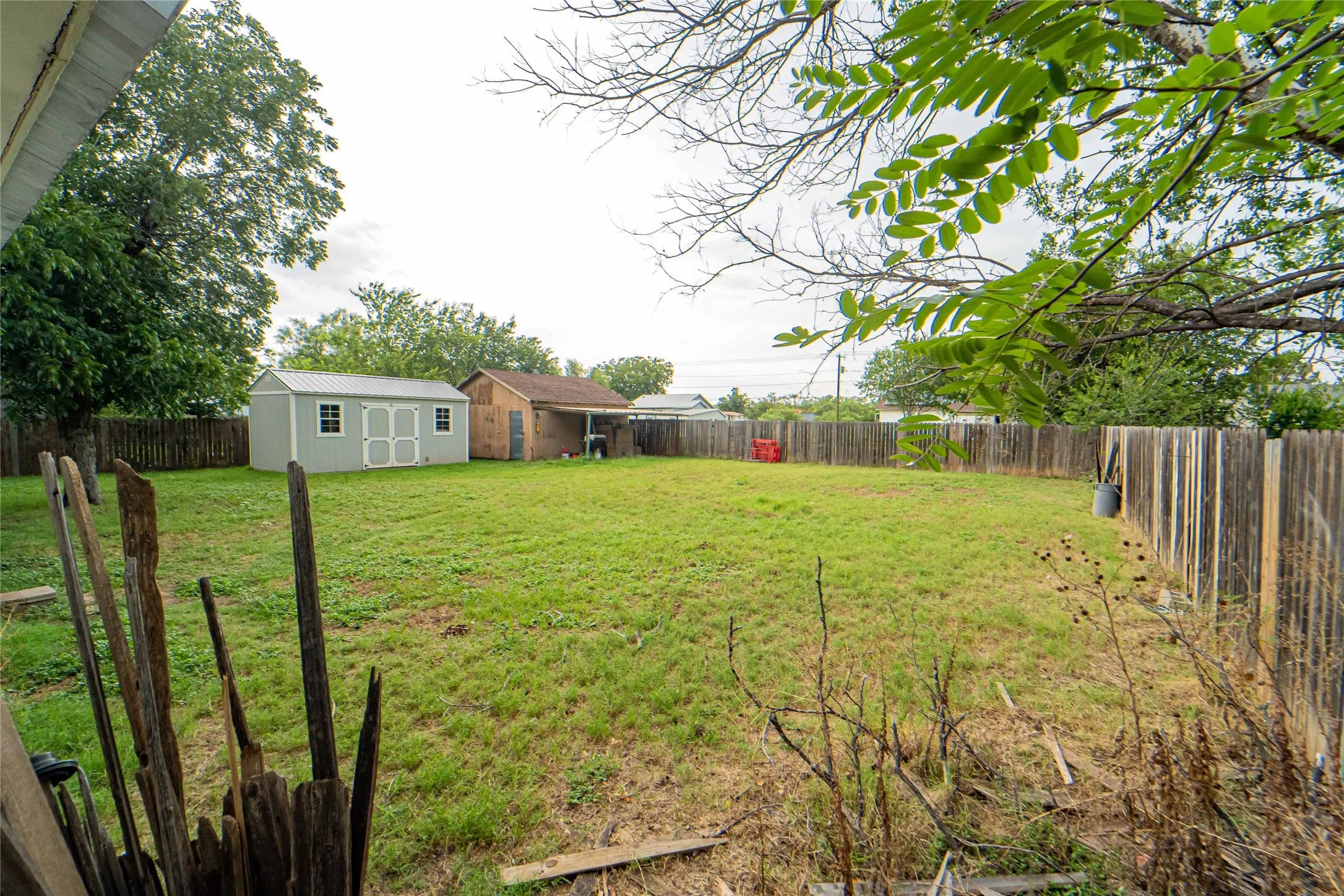 Expansive backyard featuring a manicured lawn, a light-colored storage shed with a metal roof, and an additional wood-sided structure with an overhang