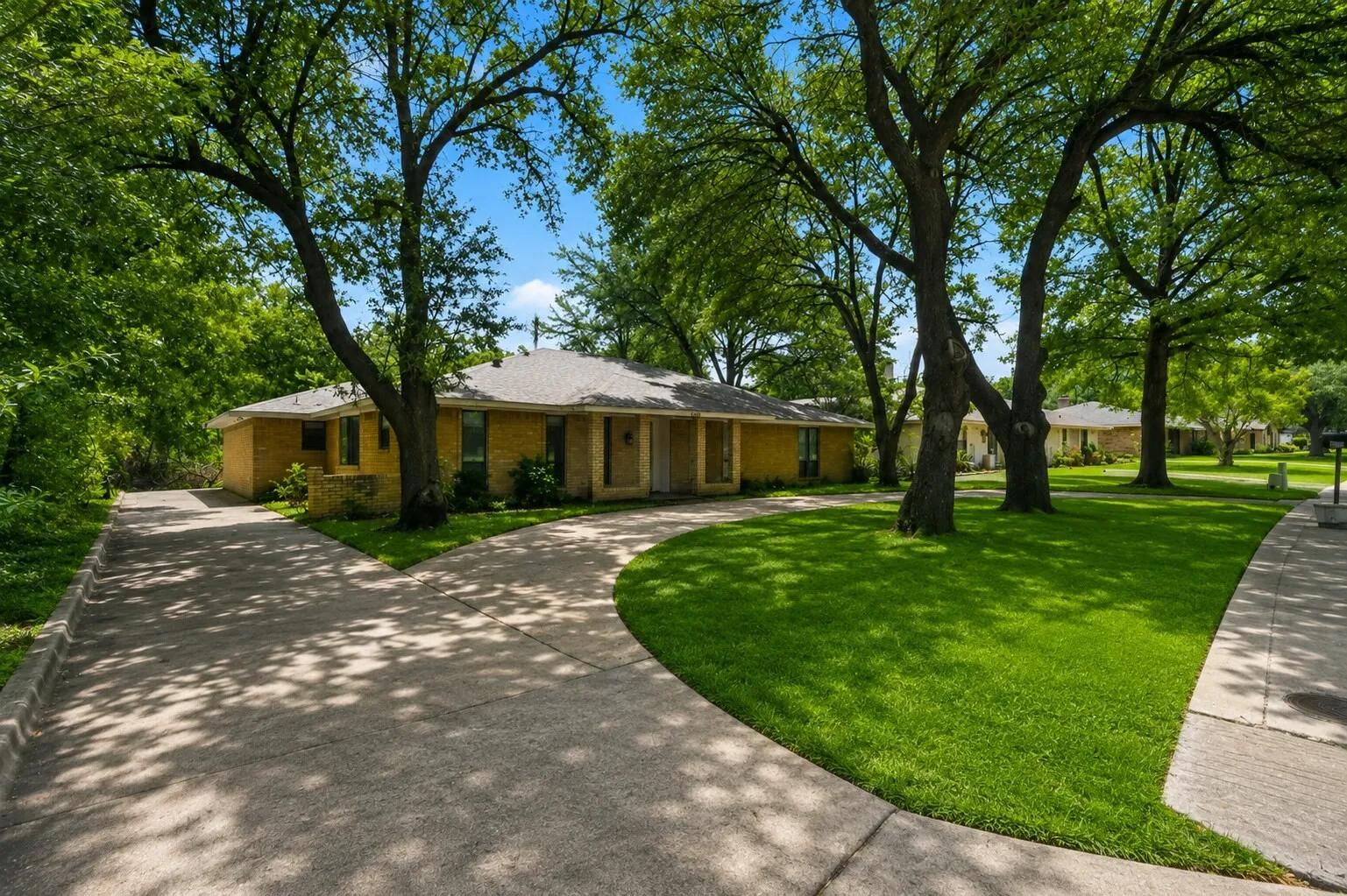 Ranch-style residence featuring a split driveway, mature shade trees, and a well-maintained lawn