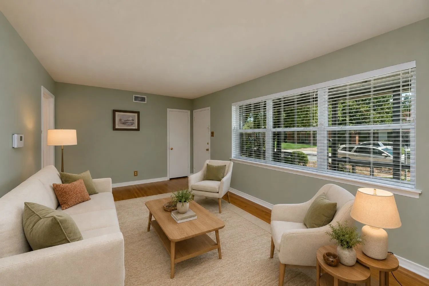 Virtualy Staged - Living area featuring light green walls, wood-finish flooring, and a large window with white blinds