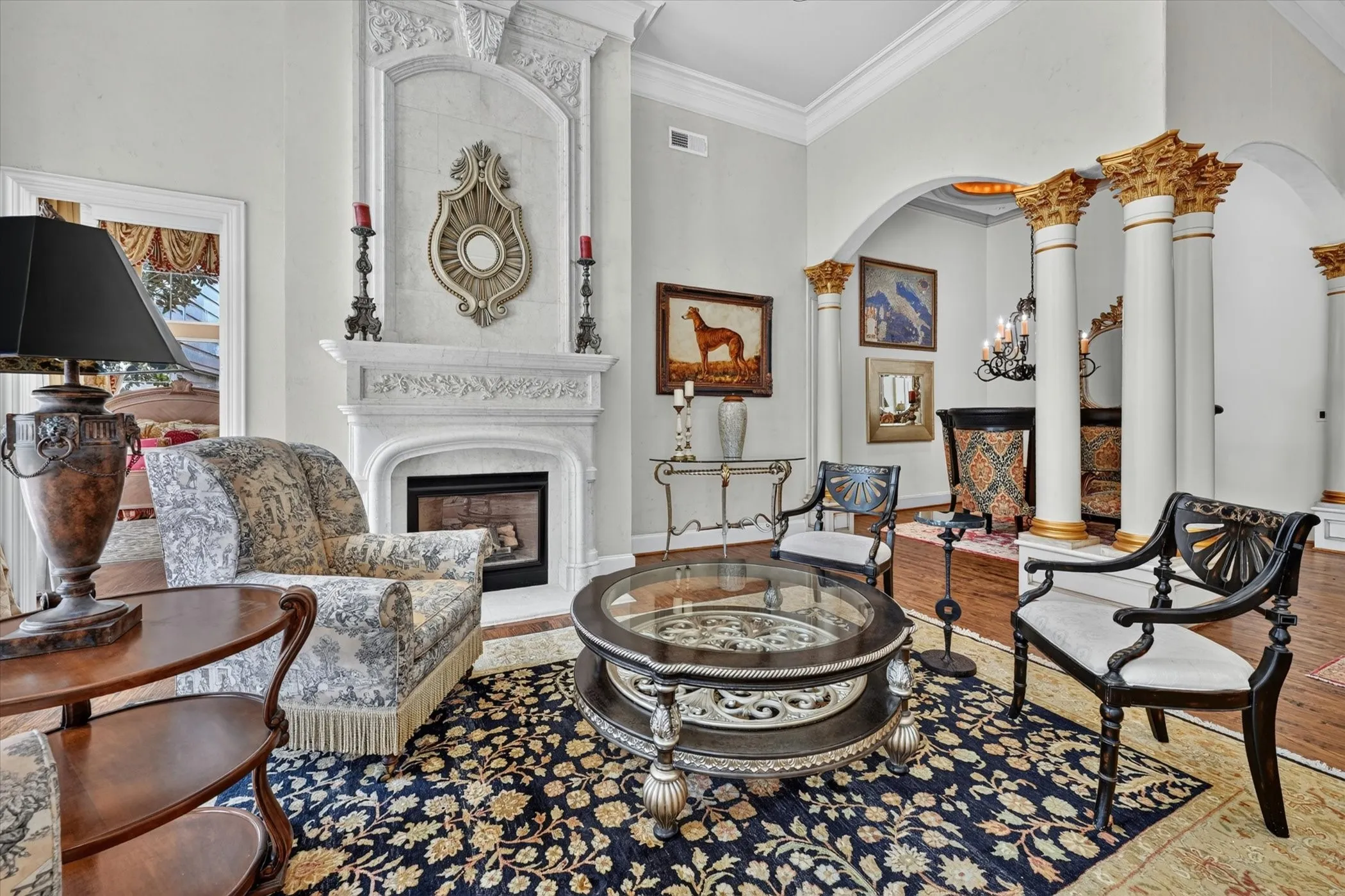 Double Living area boasts a stone fireplace wall.