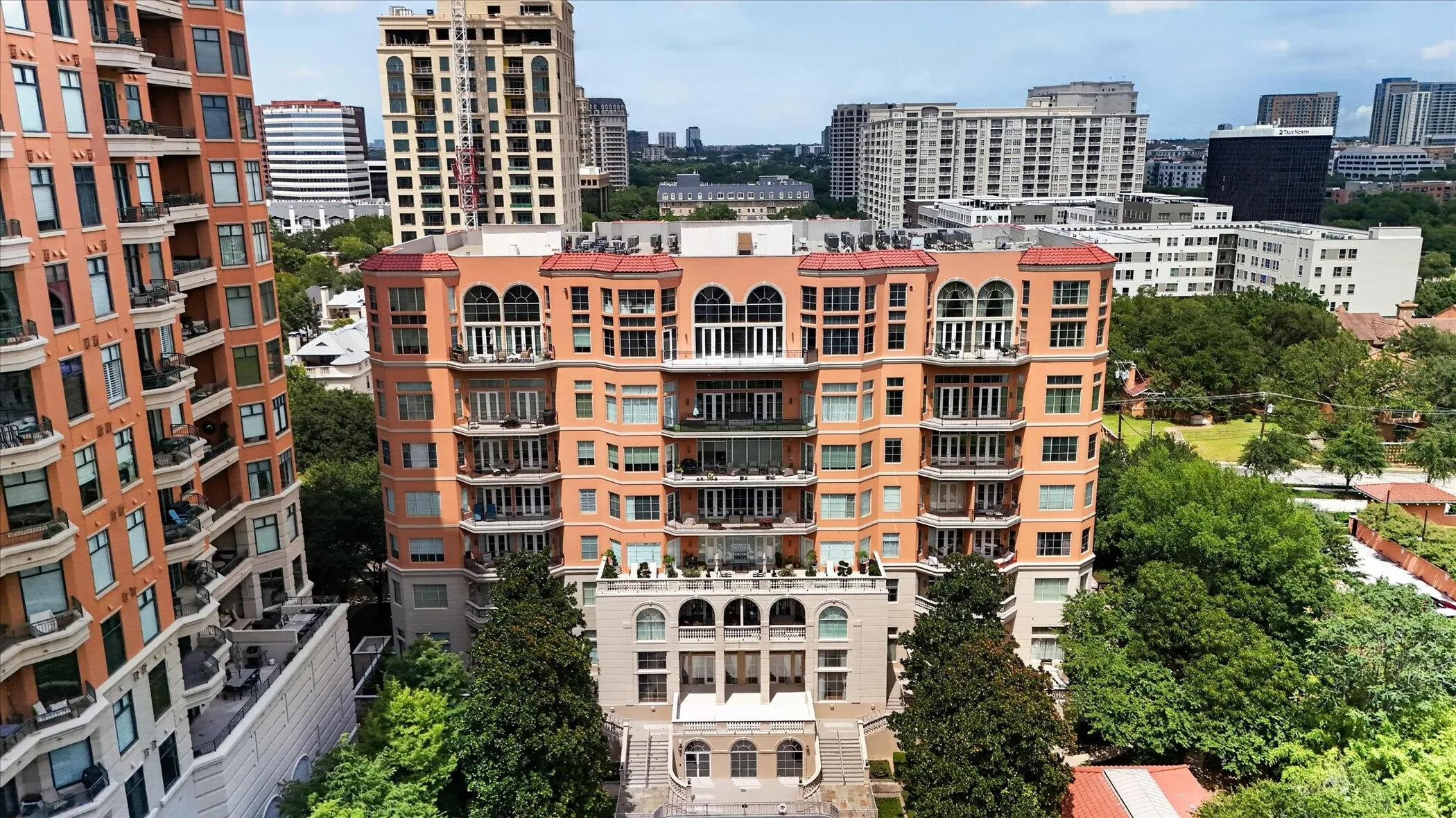 Rear view of Plaza 1 with #104 large, newly renovated, white Balcony.