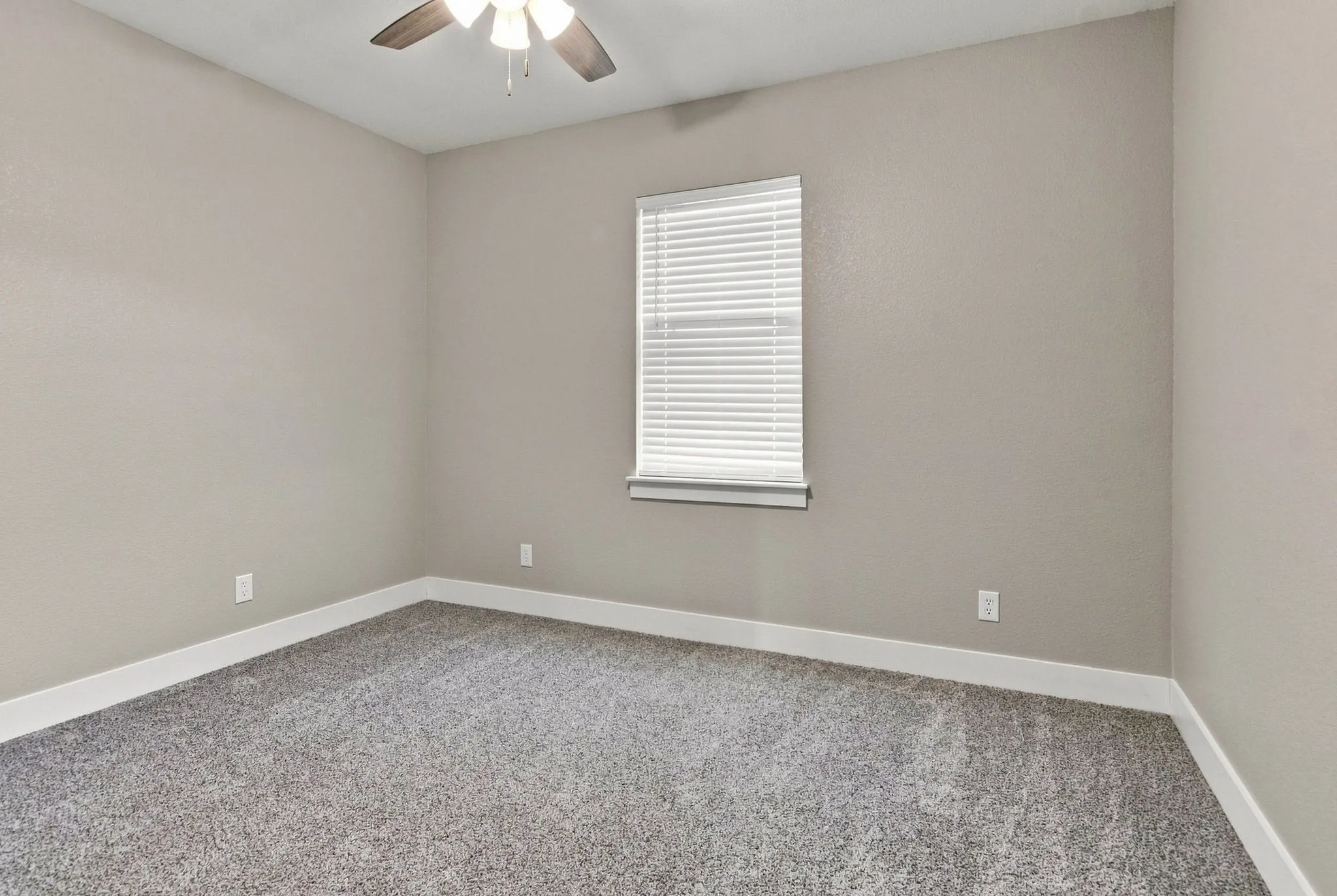 Neutral tone walls with white trim and grey textured carpeting