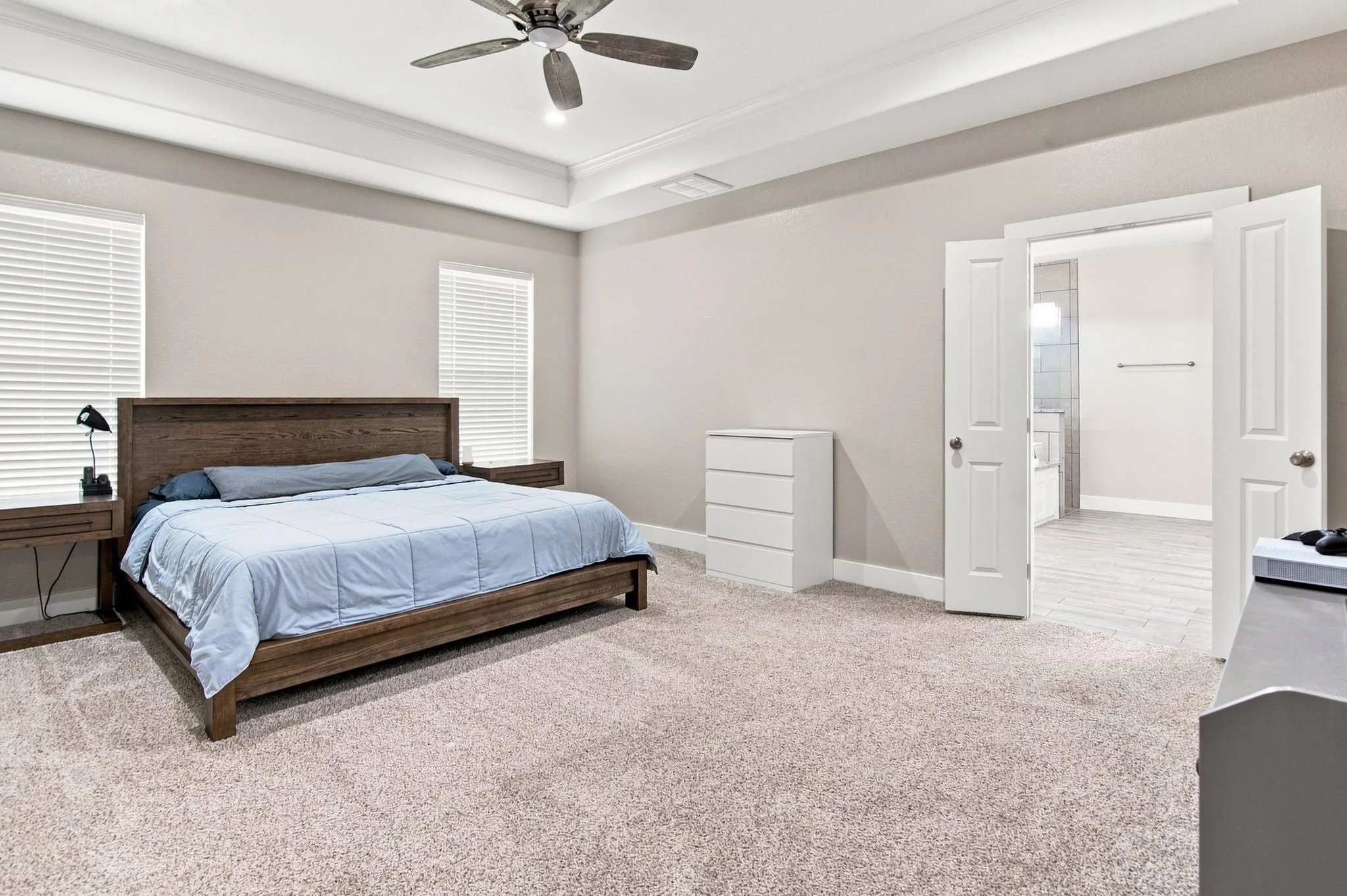 Spacious room featuring neutral carpeting, tray ceiling with a ceiling fan, dual windows with blinds, and white trim throughout
