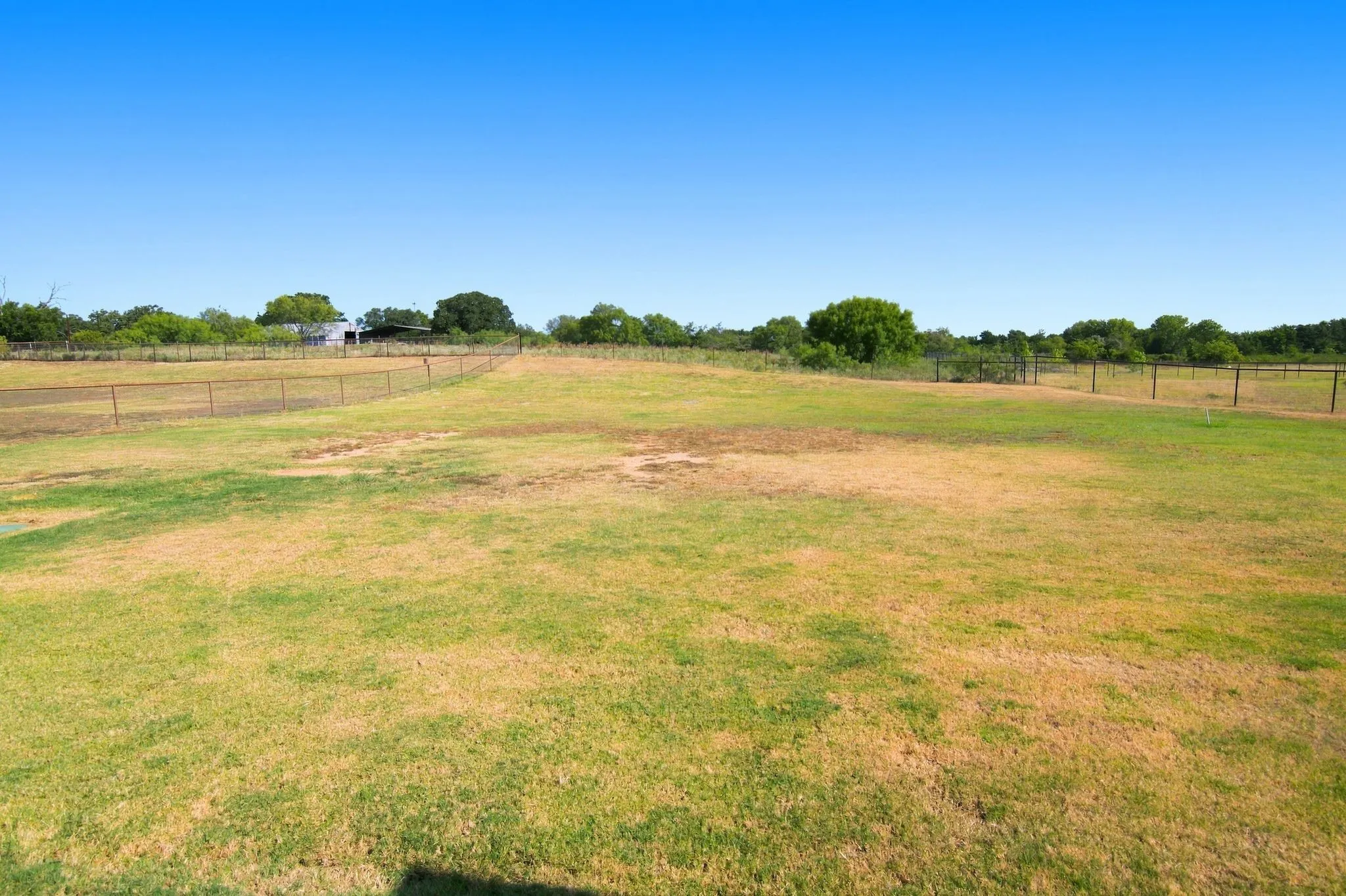Expansive open land featuring natural grass, perimeter fencing, and mature trees along the distant property line