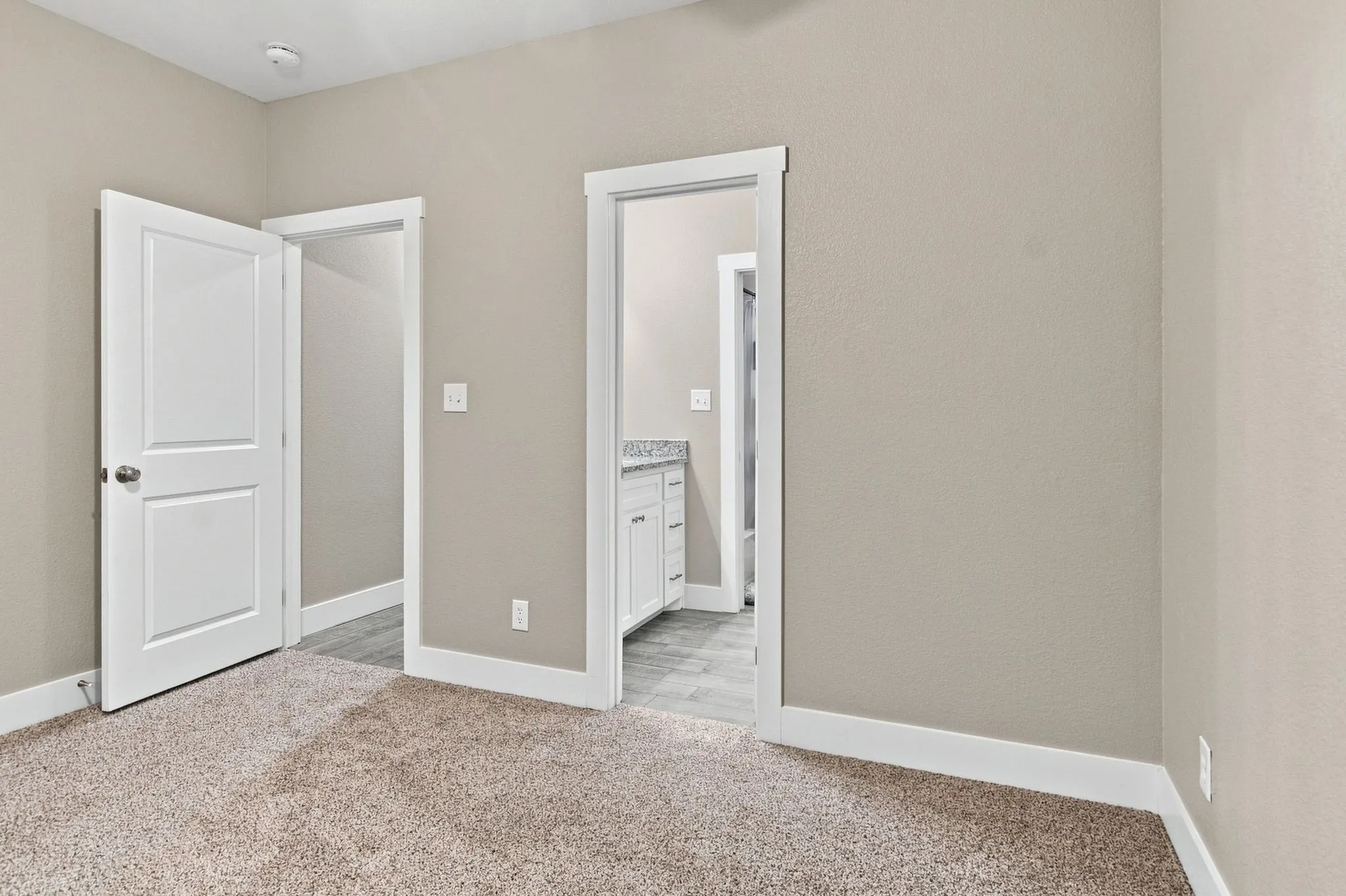 Neutral-toned bedroom featuring plush carpet flooring, white trim, and a doorway leading to a bathroom with a white vanity and stone countertop