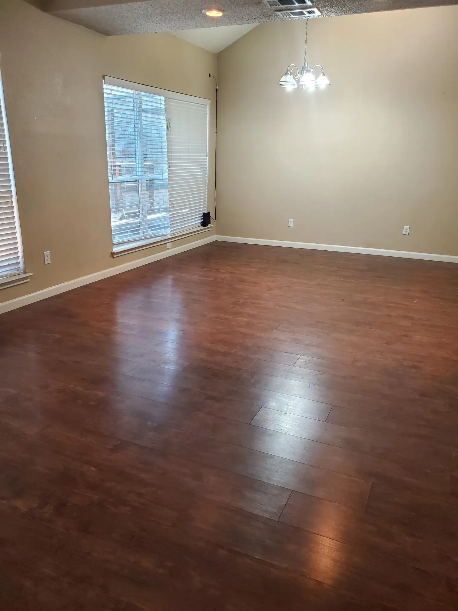 Spacious room featuring wood-finish flooring, vaulted ceilings, and ample natural light from multiple windows