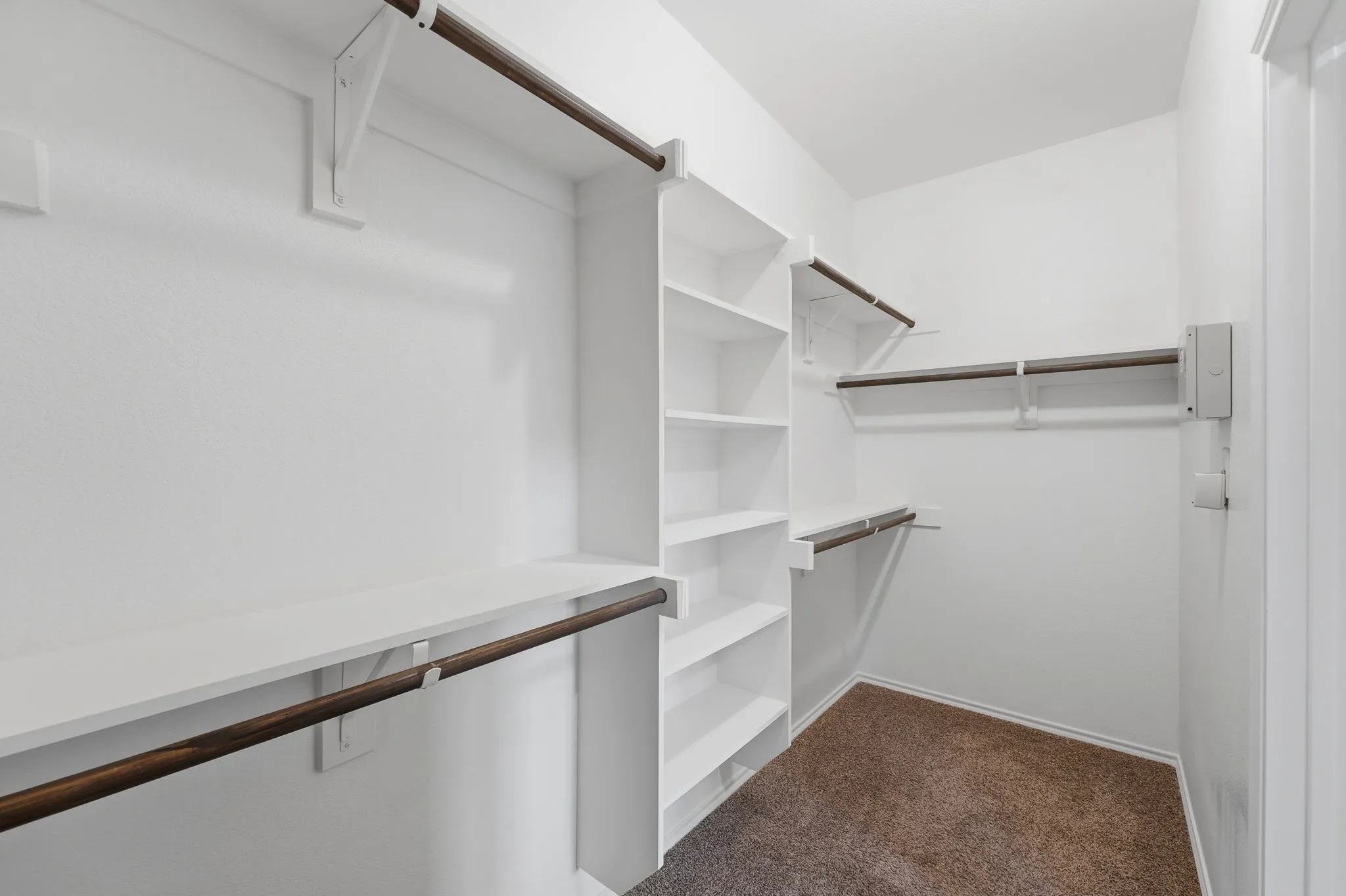 Walk-in closet featuring built-in shelving, multiple hanging rods, and neutral-toned carpeting