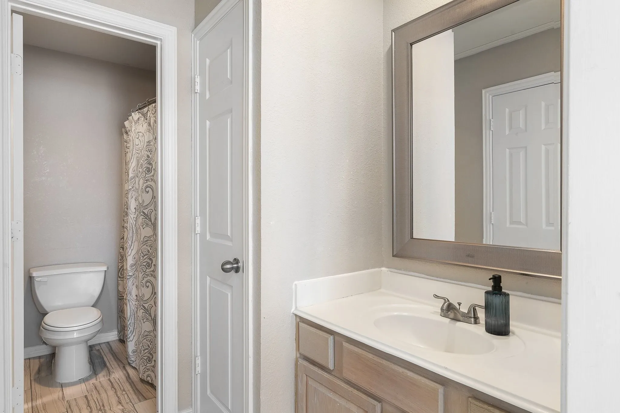 Bathroom featuring a single vanity with an undermount sink, a framed mirror, and wood-finish flooring