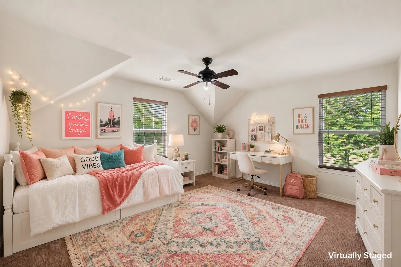 Virtually staged teenage bedroom with a full-size daybed, study area and bright, youthful modern farmhouse décor.