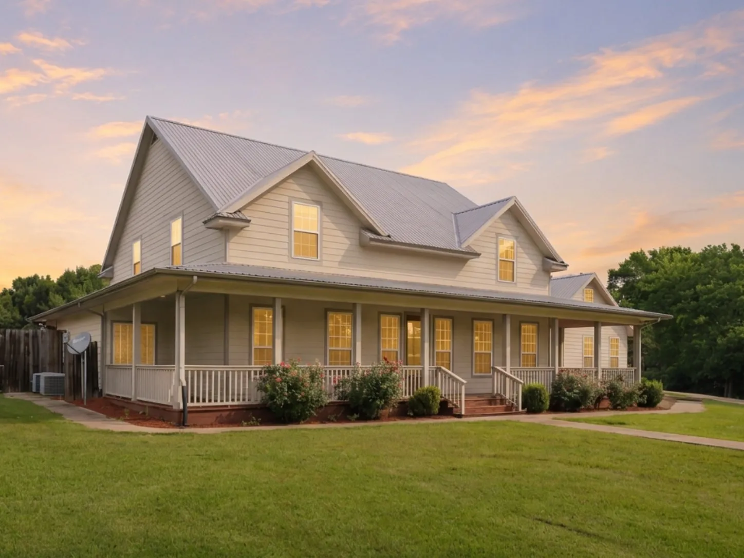 Twilight exterior of a spacious Streetman, Texas farmhouse with wraparound porch, metal roof and landscaped acreage.