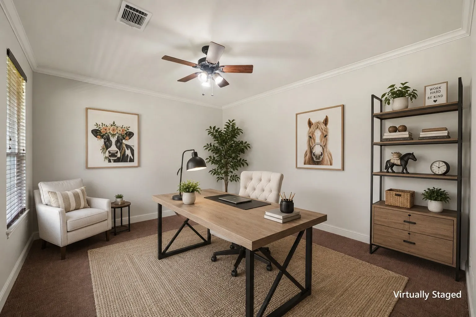 Virtually staged modern farmhouse office with dual workstations, stylish storage and Highland cow artwork.