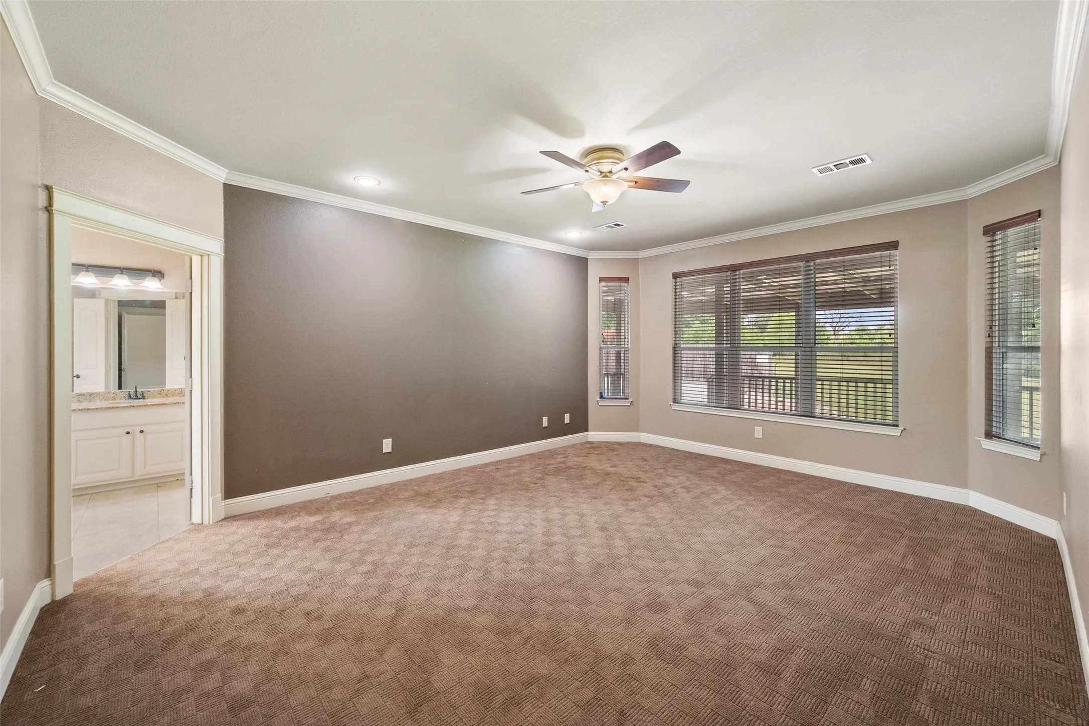 Spacious downstairs primary bedroom with ensuite access, ceiling fan and room for a comfortable sitting area.
