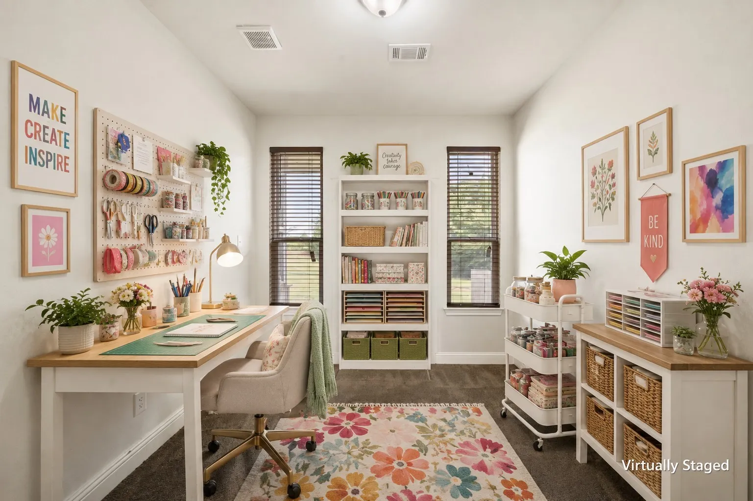 Virtually staged craft studio with organized storage, colorful décor and dedicated space for creative projects.