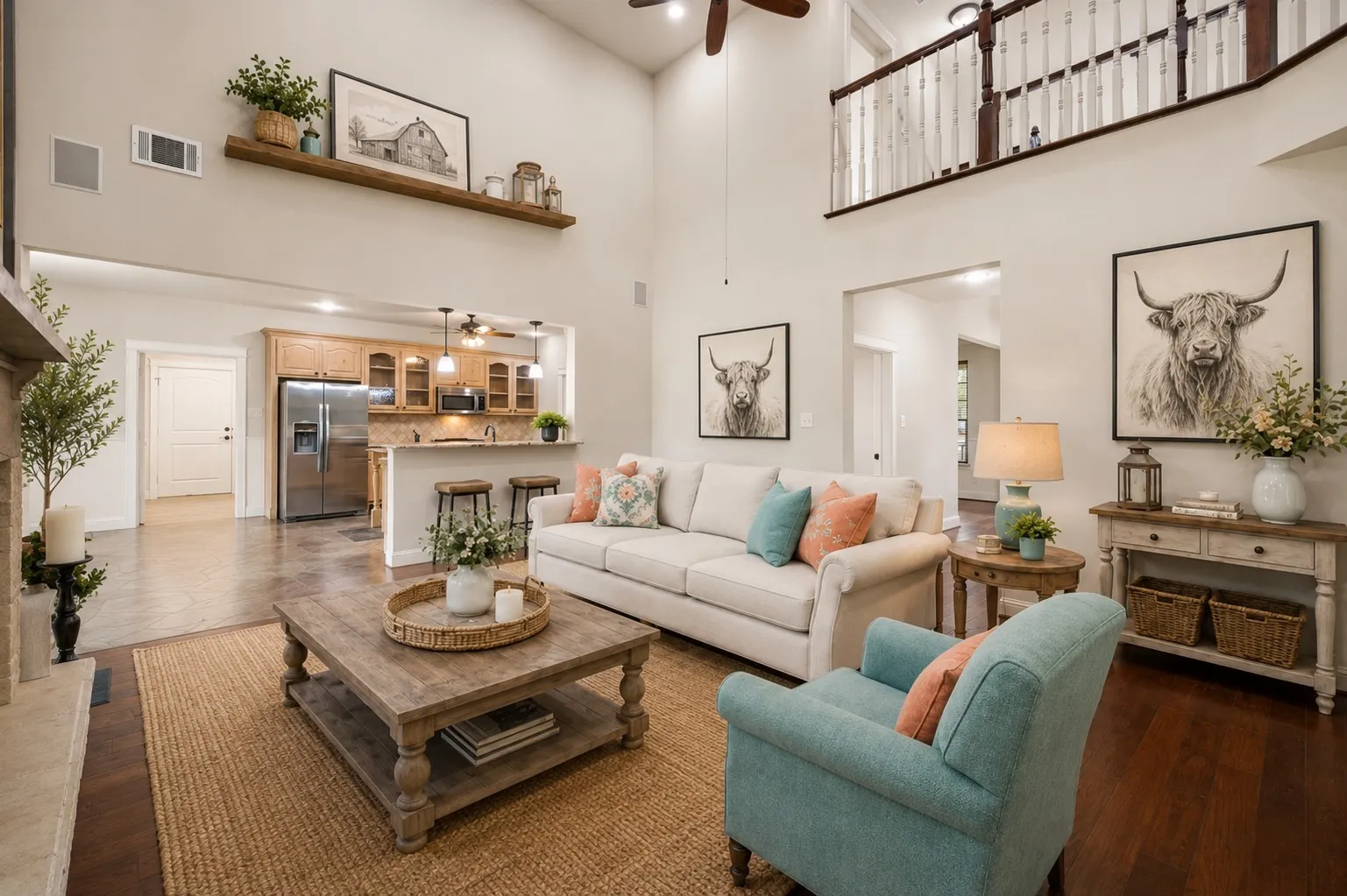 Virtually staged living room with colorful modern farmhouse décor, Highland cow artwork and inviting fireside seating.