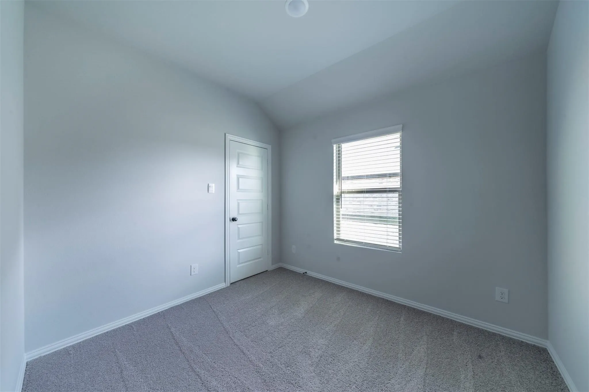 Carpeted room featuring a single window with blinds, a white paneled door, and neutral wall paint