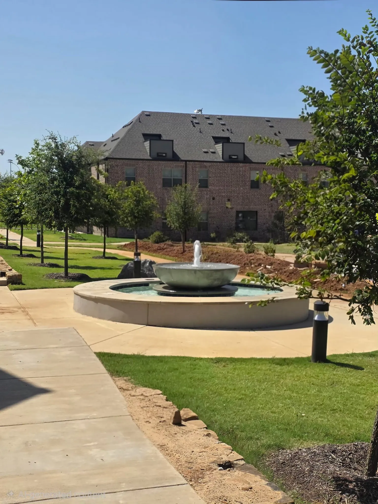 Central water feature with a tiered bowl design, surrounded by a paved circular patio