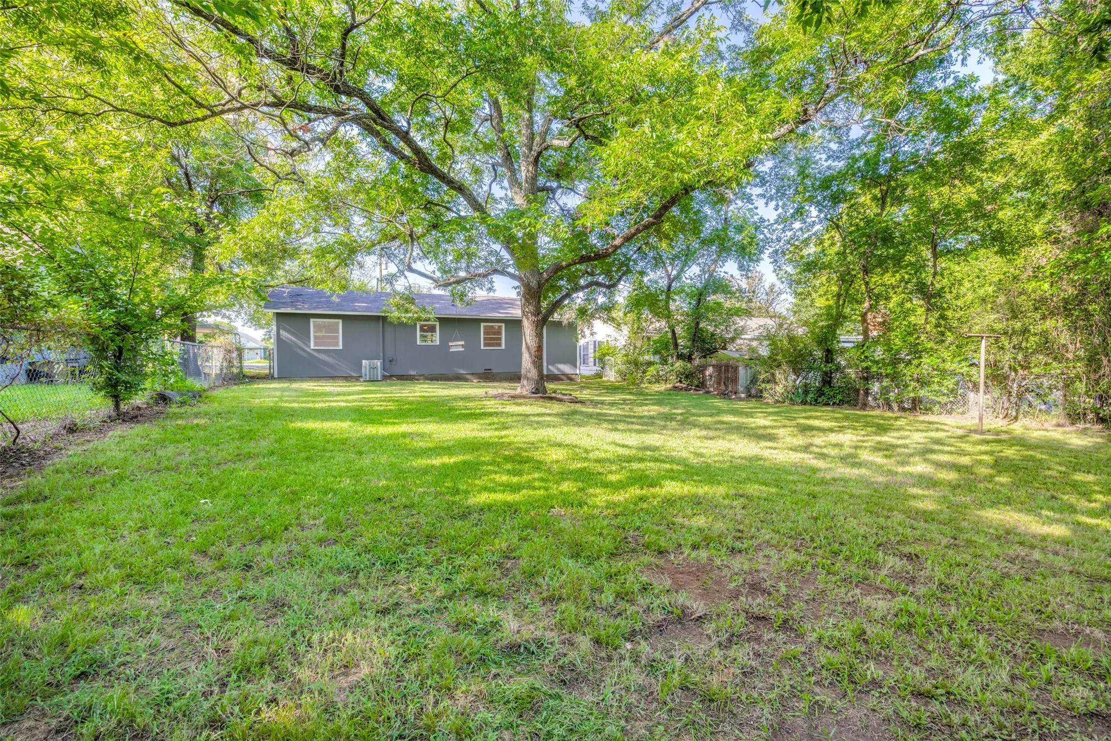 Expansive rear yard featuring a substantial mature tree, lush green lawn, and chain-link fencing