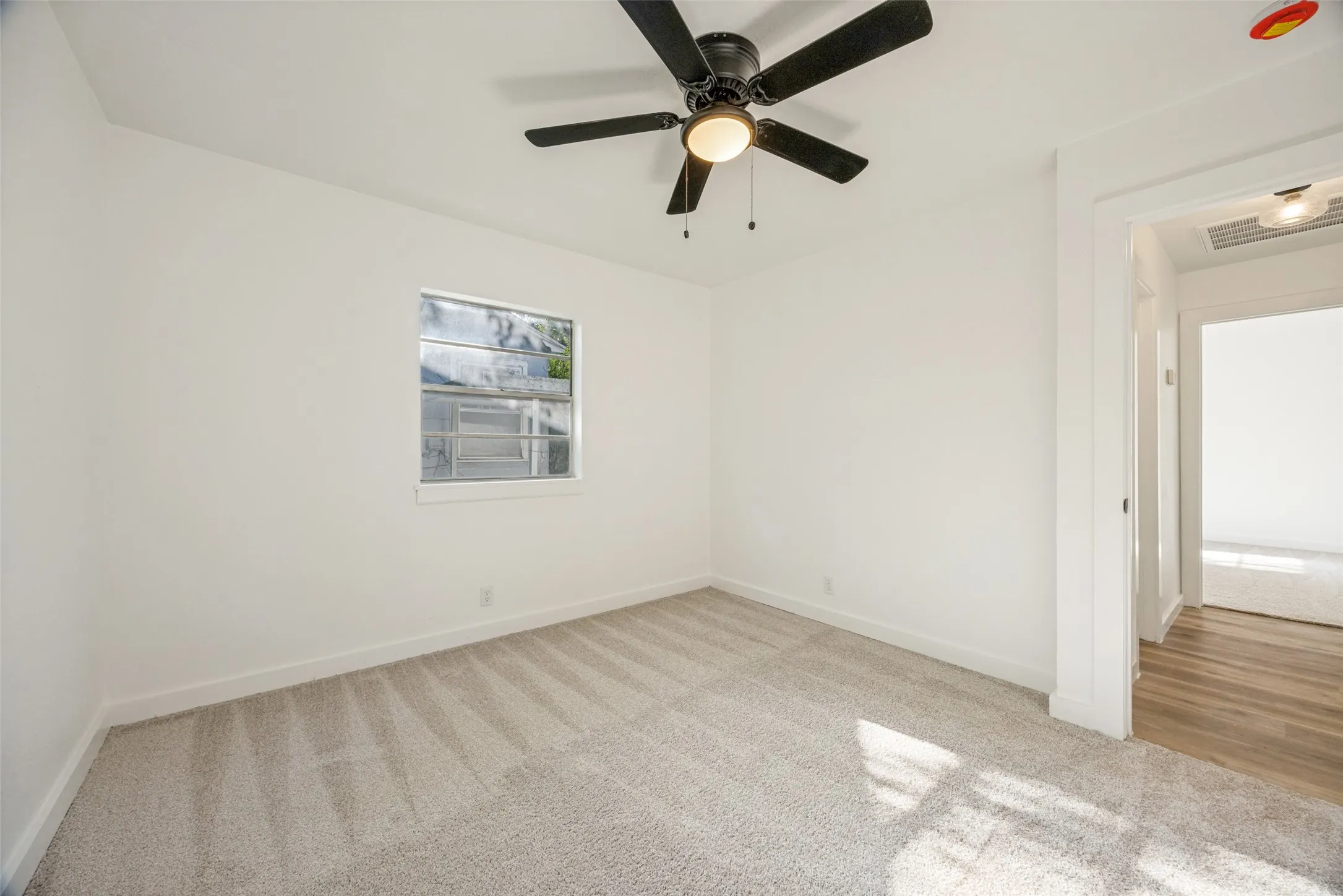 Bright room featuring plush carpet flooring, a window with natural light, a ceiling fan with integrated lighting, clean white walls, and white trim