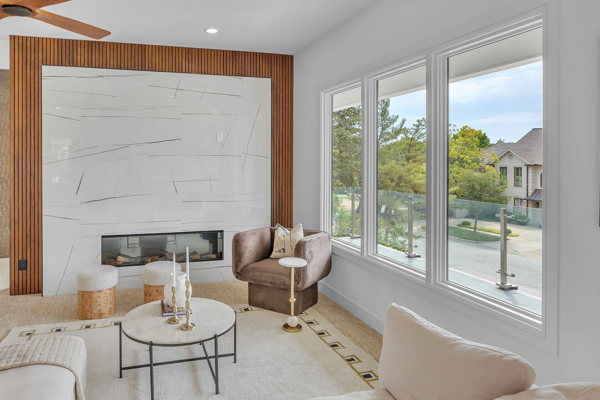 Upstairs sitting room with electric fireplace