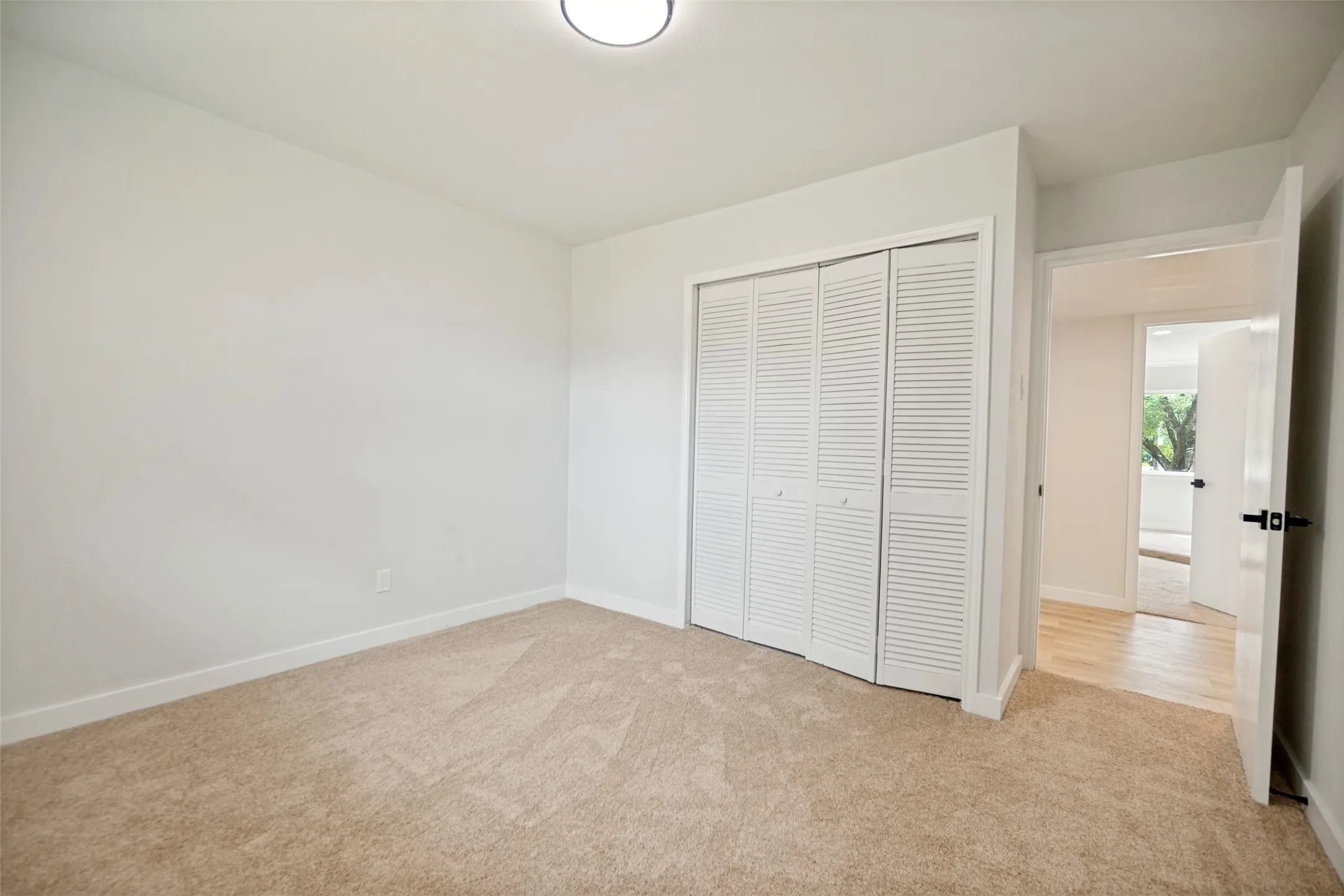 Spacious room featuring neutral carpeting, white baseboards, and a white interior door with black hardware