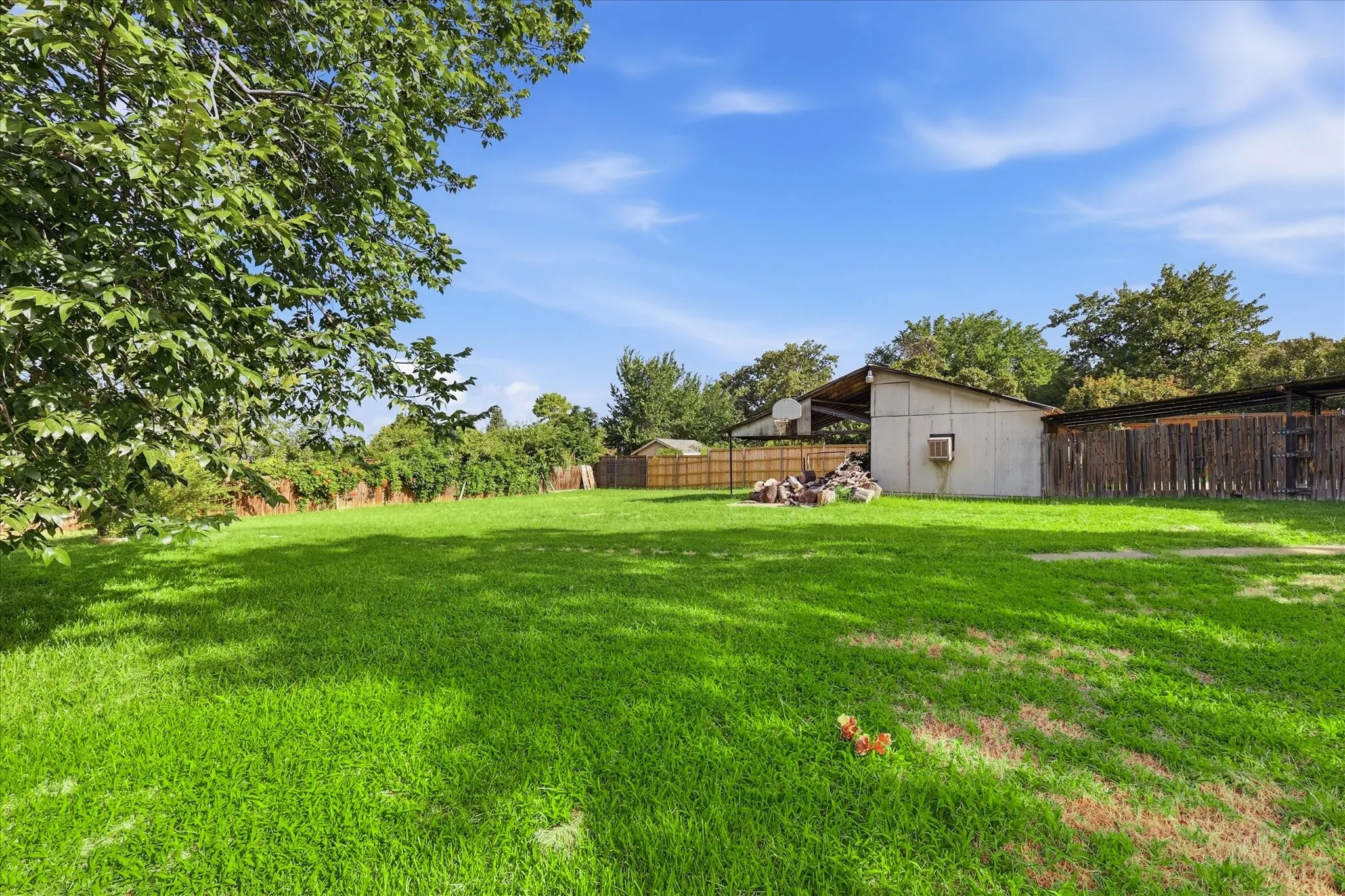 Expansive grassy outdoor space featuring a large shade tree, a separate utility structure, and a perimeter fence