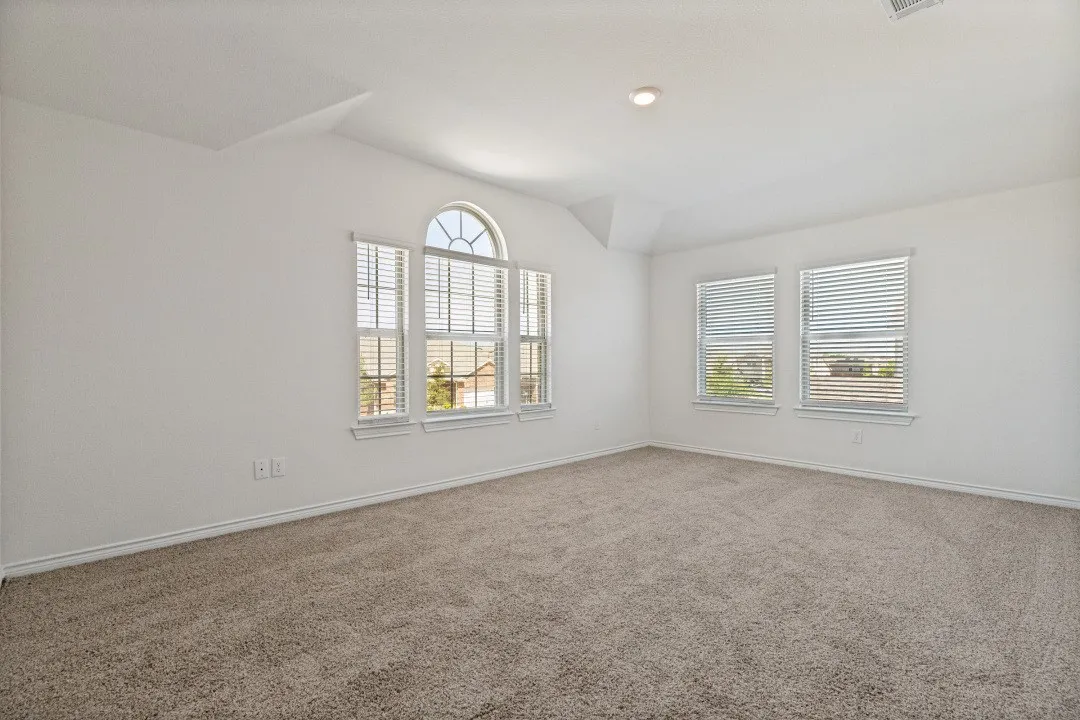 Spacious room featuring vaulted ceilings, a single recessed light, and neutral carpeting
