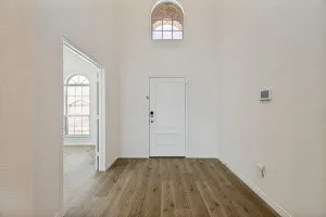 Two-story entryway featuring wood-finish flooring, a white paneled door, and an arched transom window