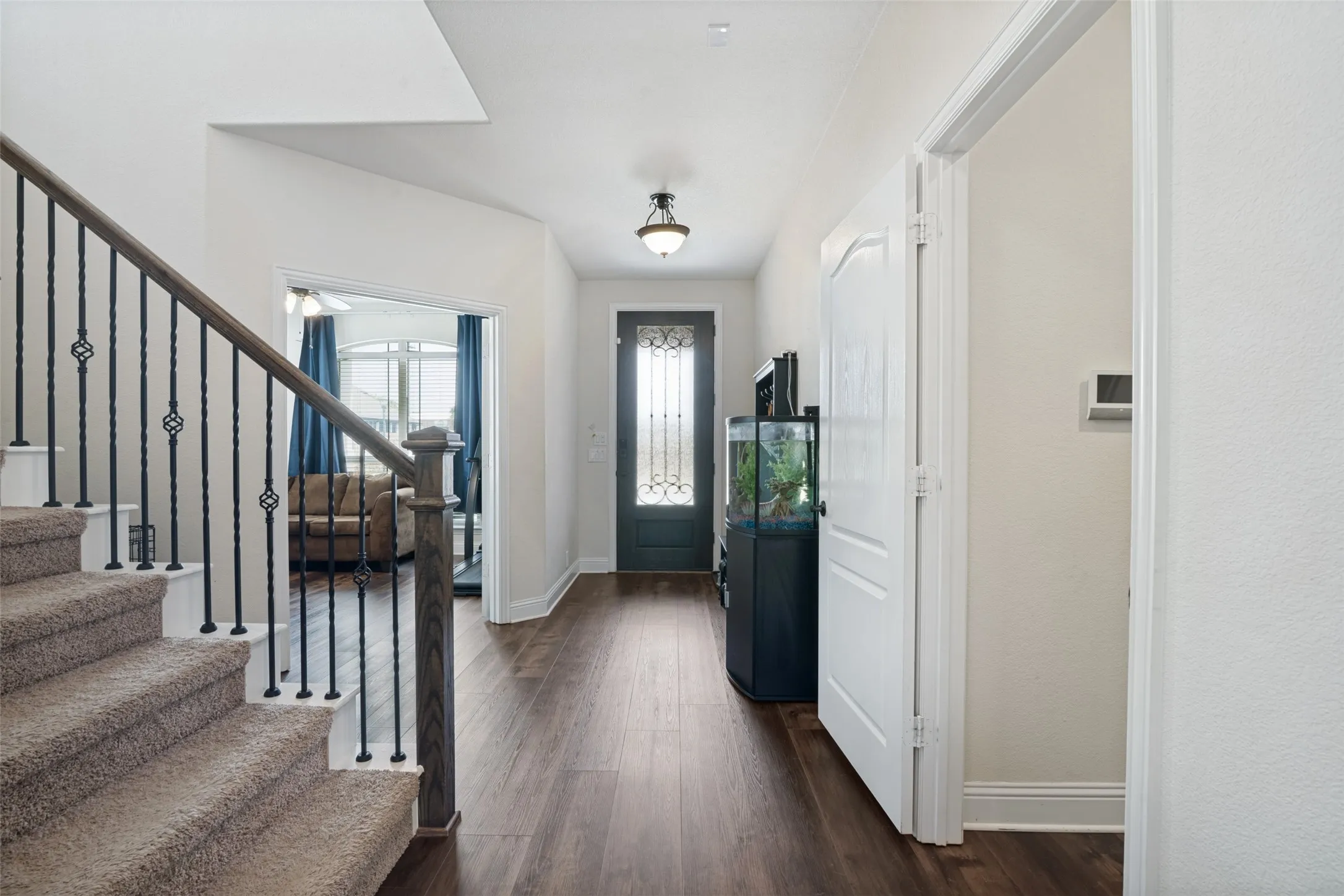 Entryway featuring wood-finish flooring, a decorative glass paneled door, and a staircase with carpeted treads and wrought iron balusters