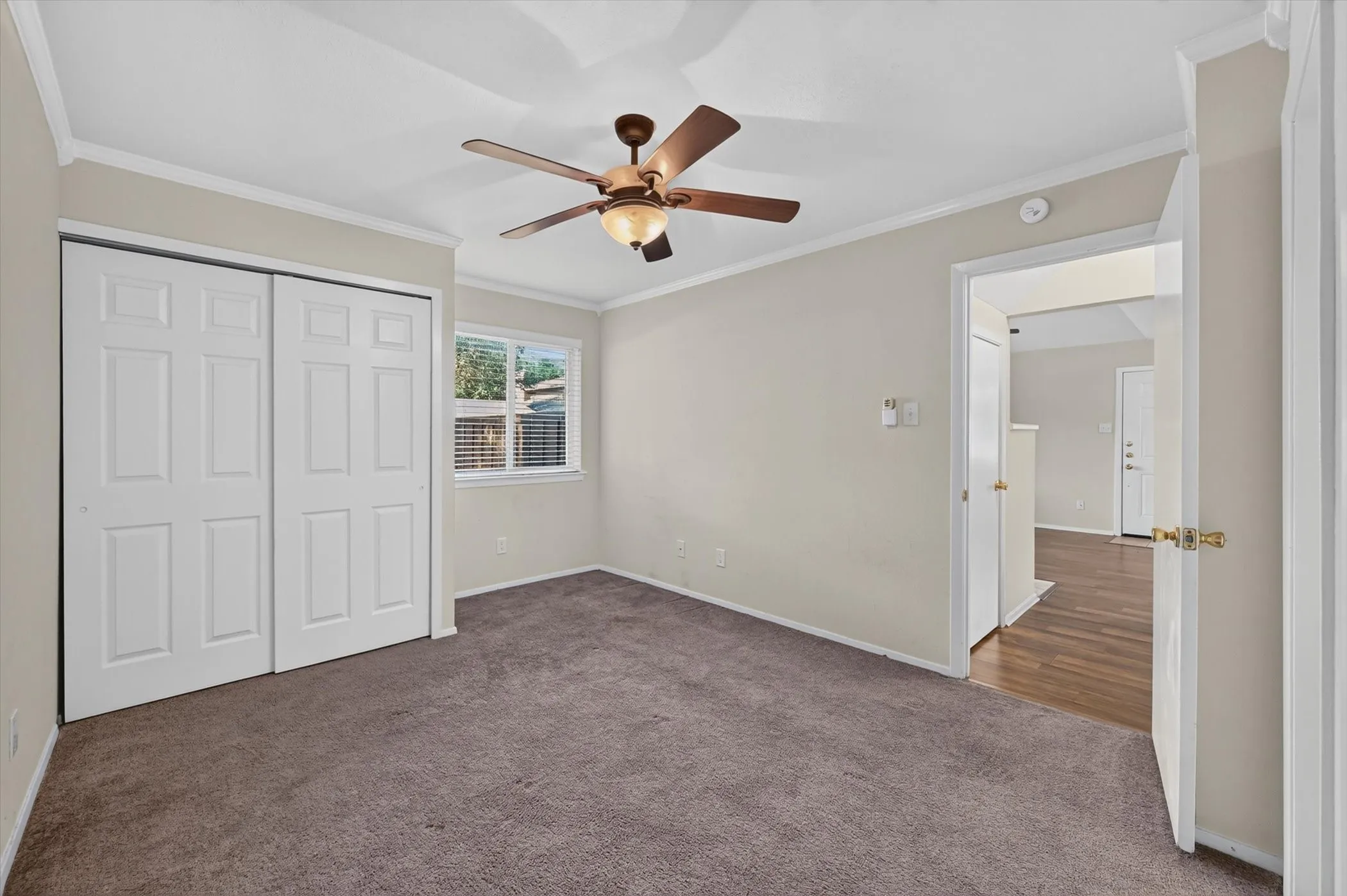 Carpeted room featuring a ceiling fan with integrated lighting, a single window with blinds, and white bi-fold closet doors