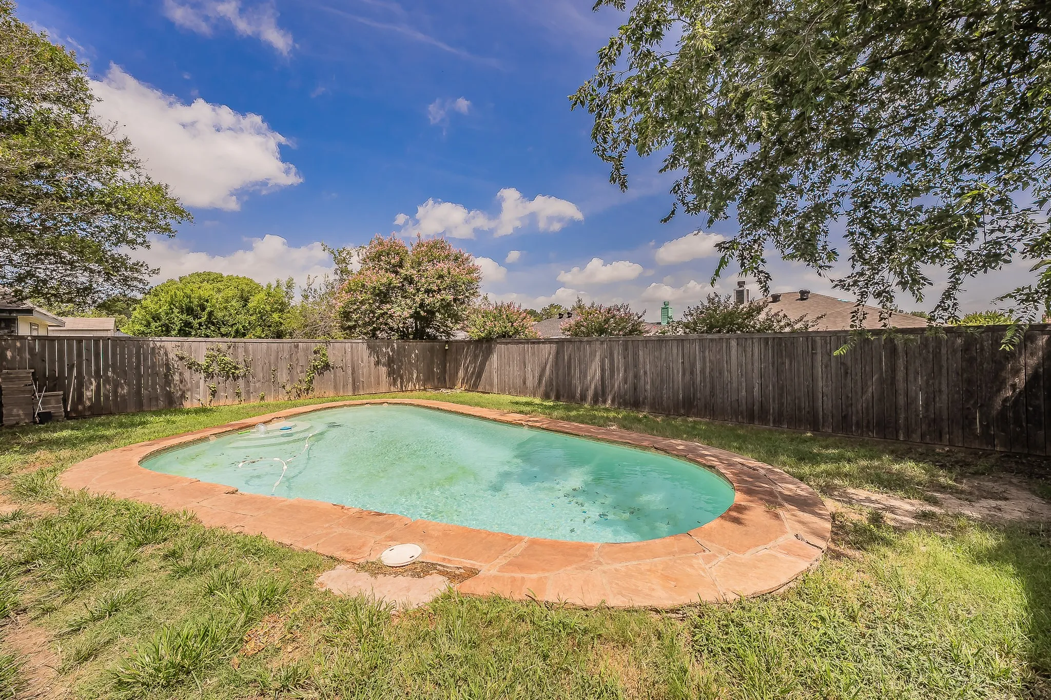 Backyard features an oval-shaped pool with a stone coping