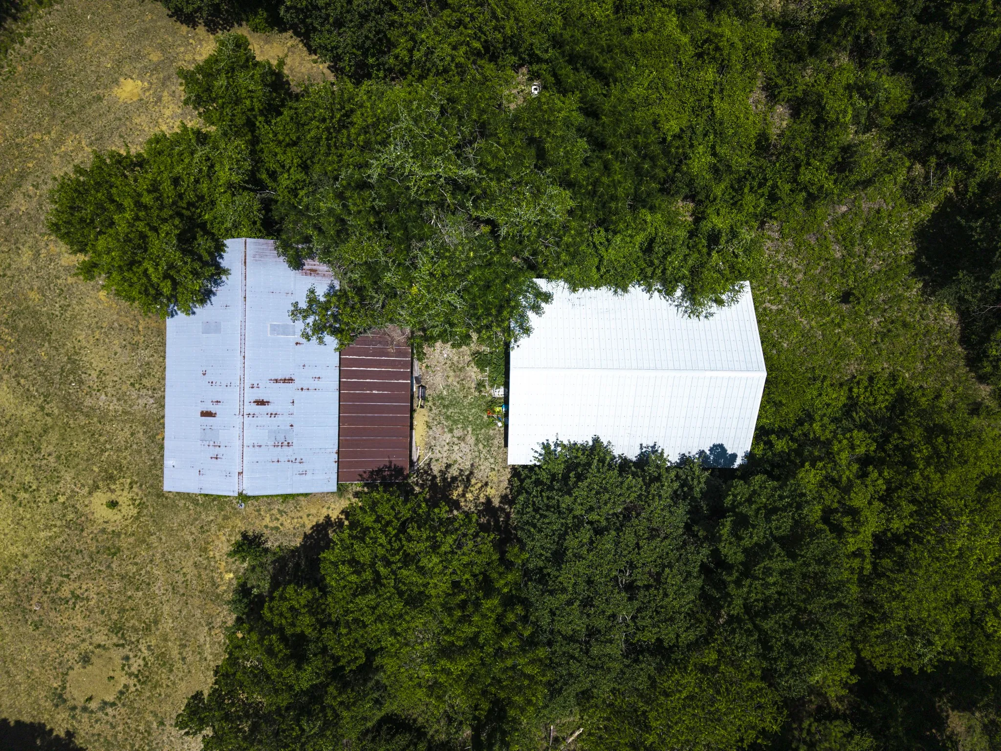 Two structures surrounded by natural foliage and open green space