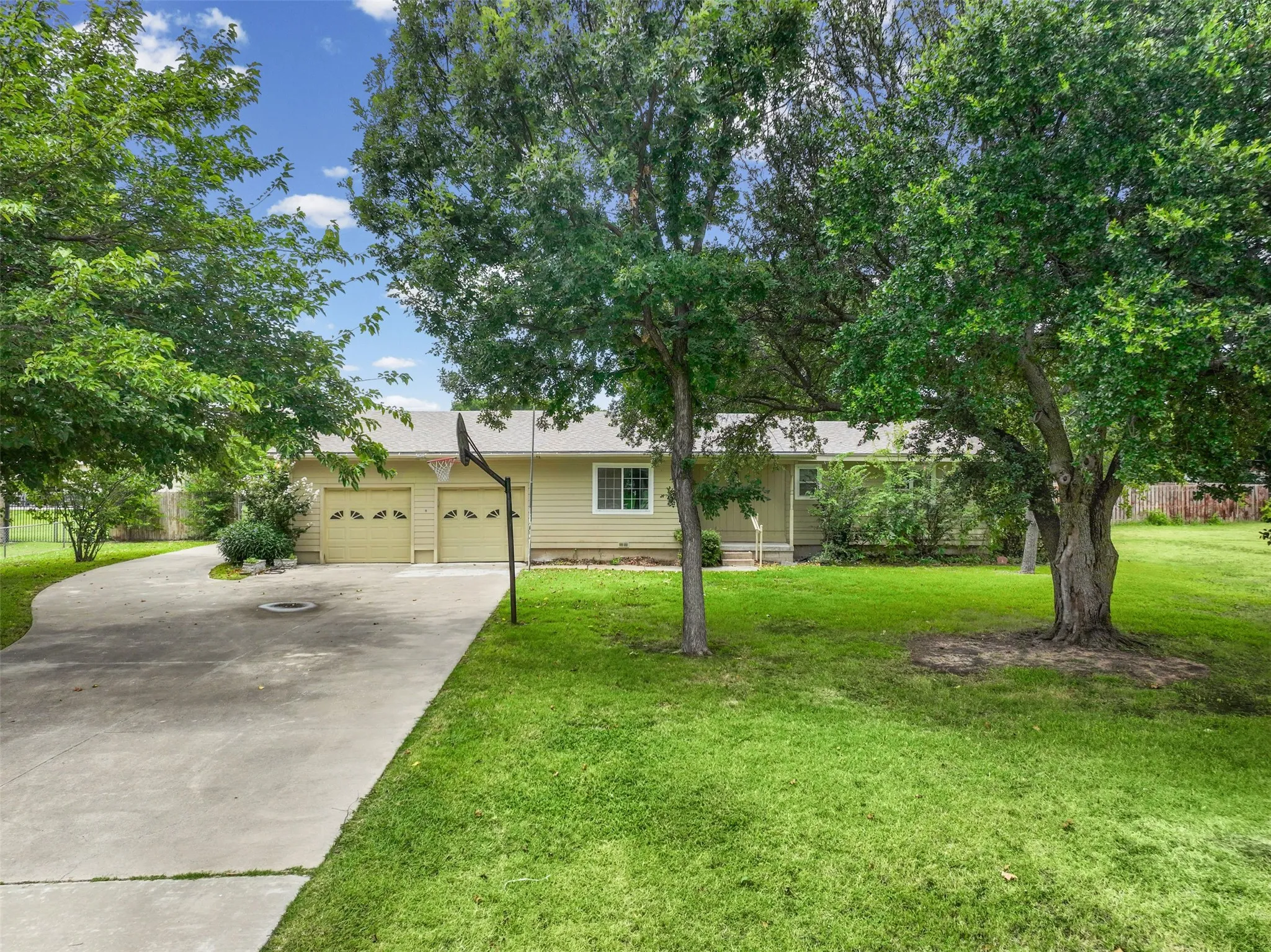 Manicured lawn with mature trees and a concrete driveway