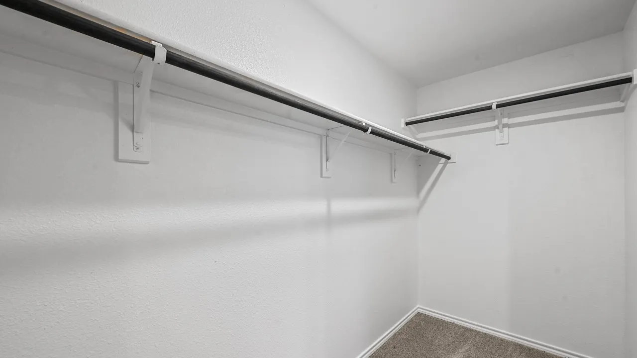Walk-in closet featuring white walls, carpeted flooring, and multiple garment rods