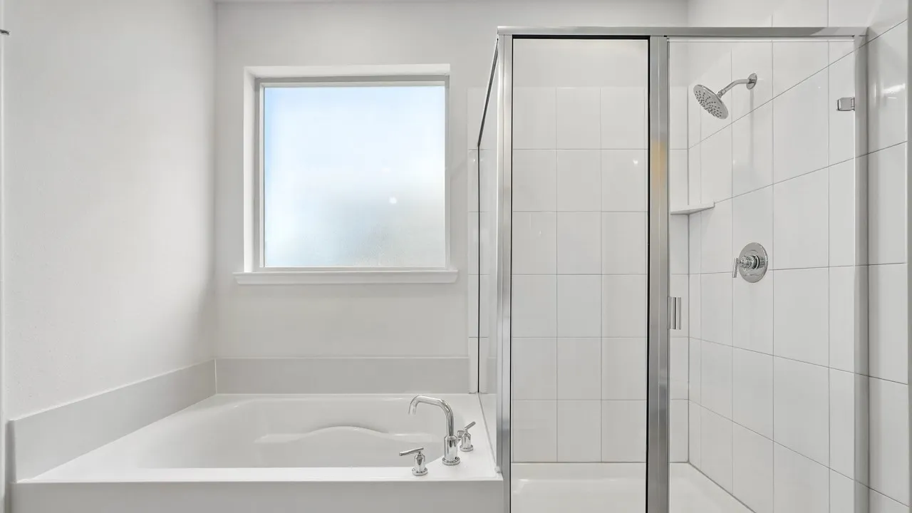 Bathroom featuring a built-in soaking tub with deck-mounted chrome fixtures, a frosted window, and a glass-enclosed shower with white tiled walls and a rain showerhead