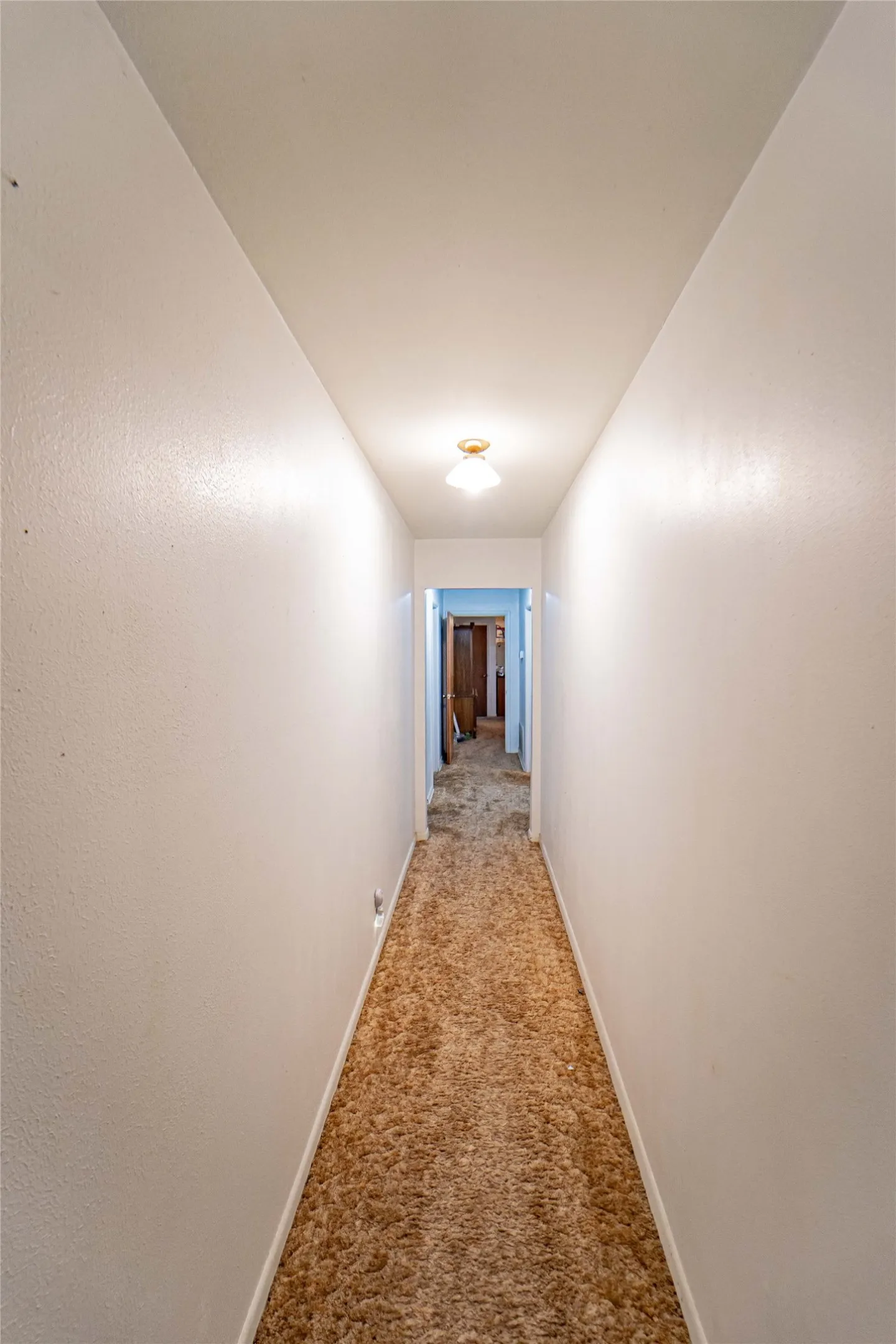 Hallway featuring neutral-toned walls, textured carpet flooring, and a ceiling-mounted light fixture