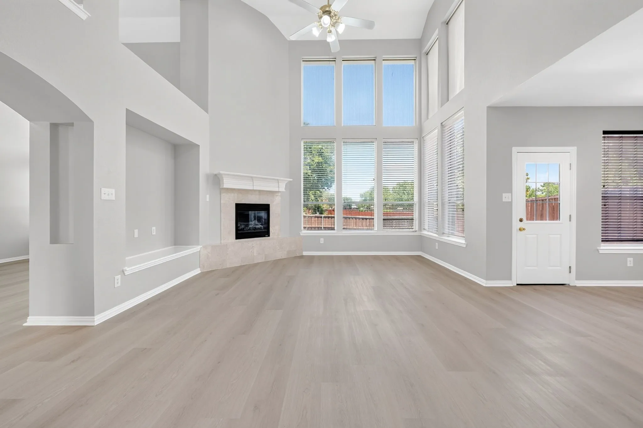 Two-story family room with fireplace