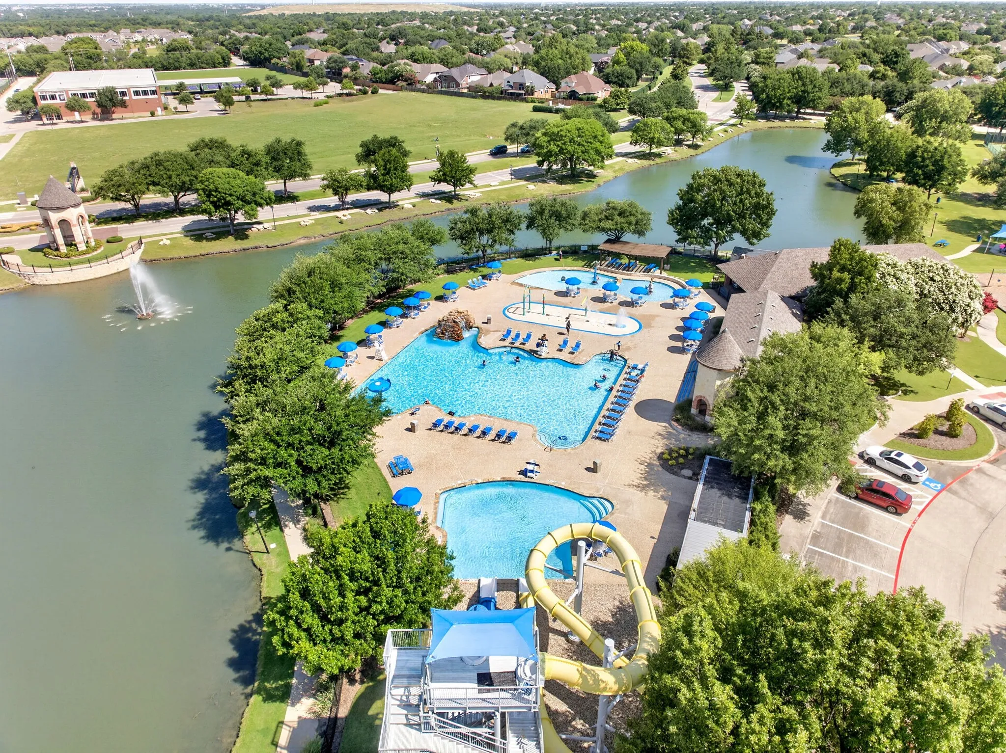 Community waterpark and scenic lake