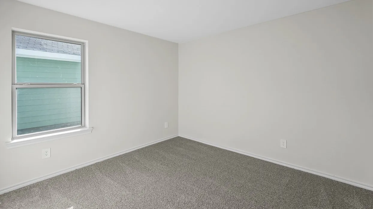 Neutral tone wall paint, grey carpet flooring, white trim, and a double-hung window