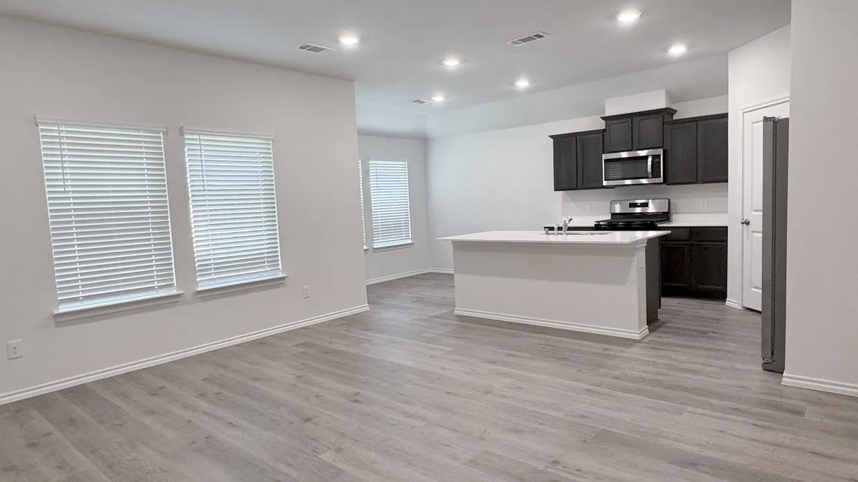 Open-concept kitchen and living area featuring wood-finish flooring, recessed lighting, and a kitchen island with a double sink