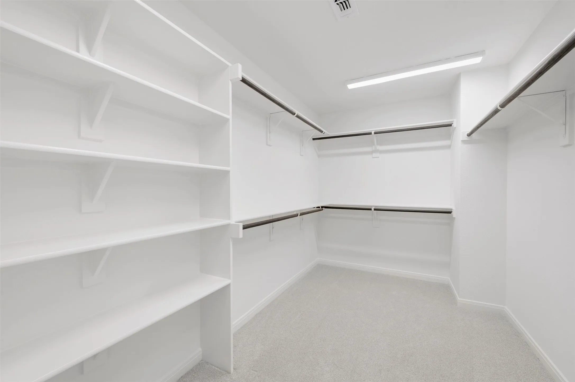 Expansive walk-in closet featuring built-in shelving, multiple hanging rods, and light gray carpeting