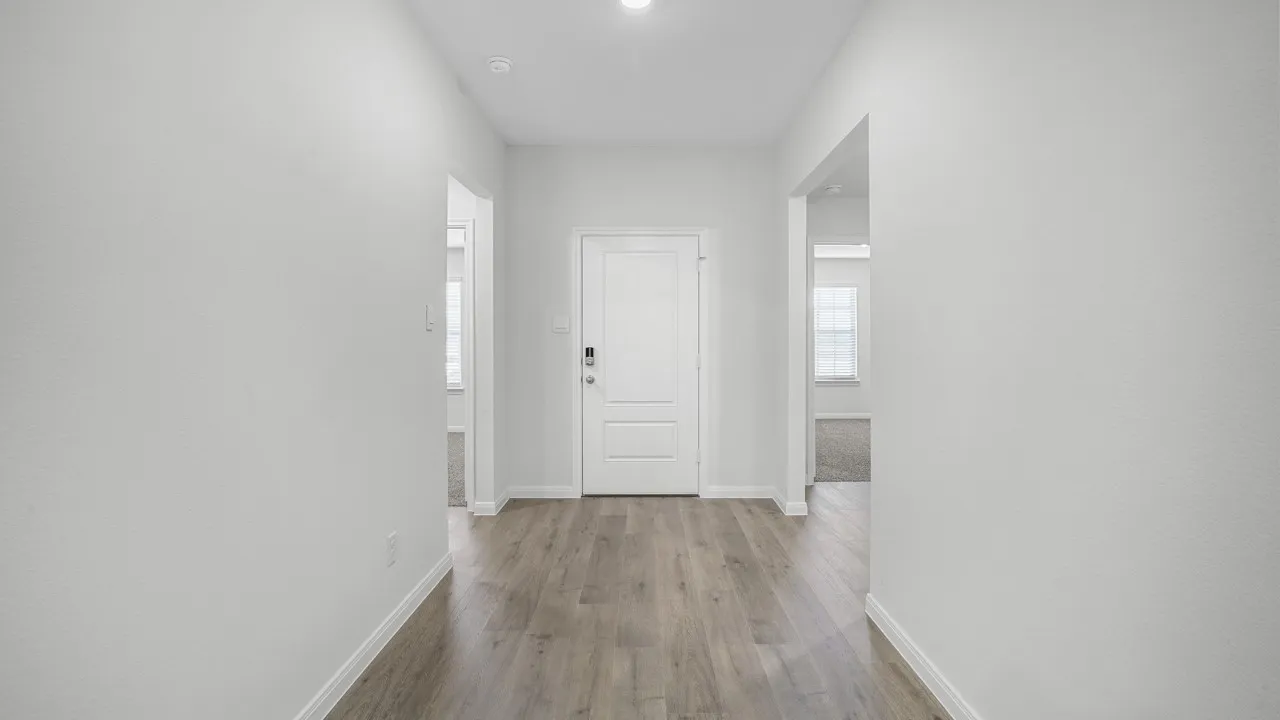 Bright entryway featuring wood-finish flooring, white trim, and a white paneled door with modern hardware