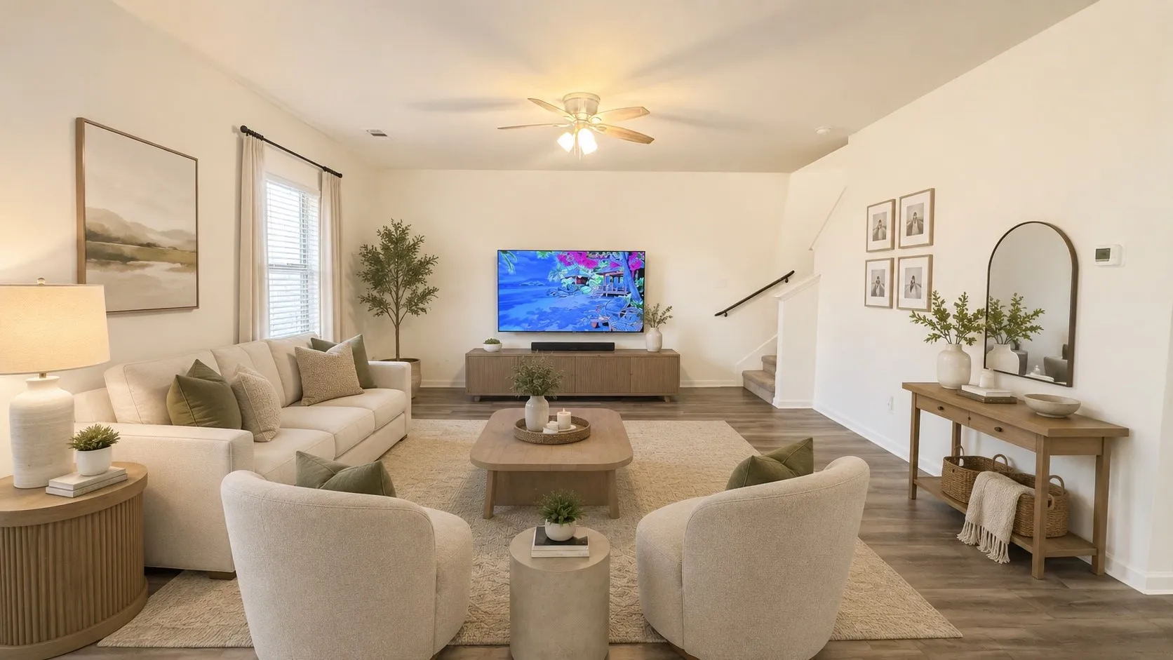 Virtual living area featuring laminate-finish flooring, a ceiling fan, and abundant natural light from a large window