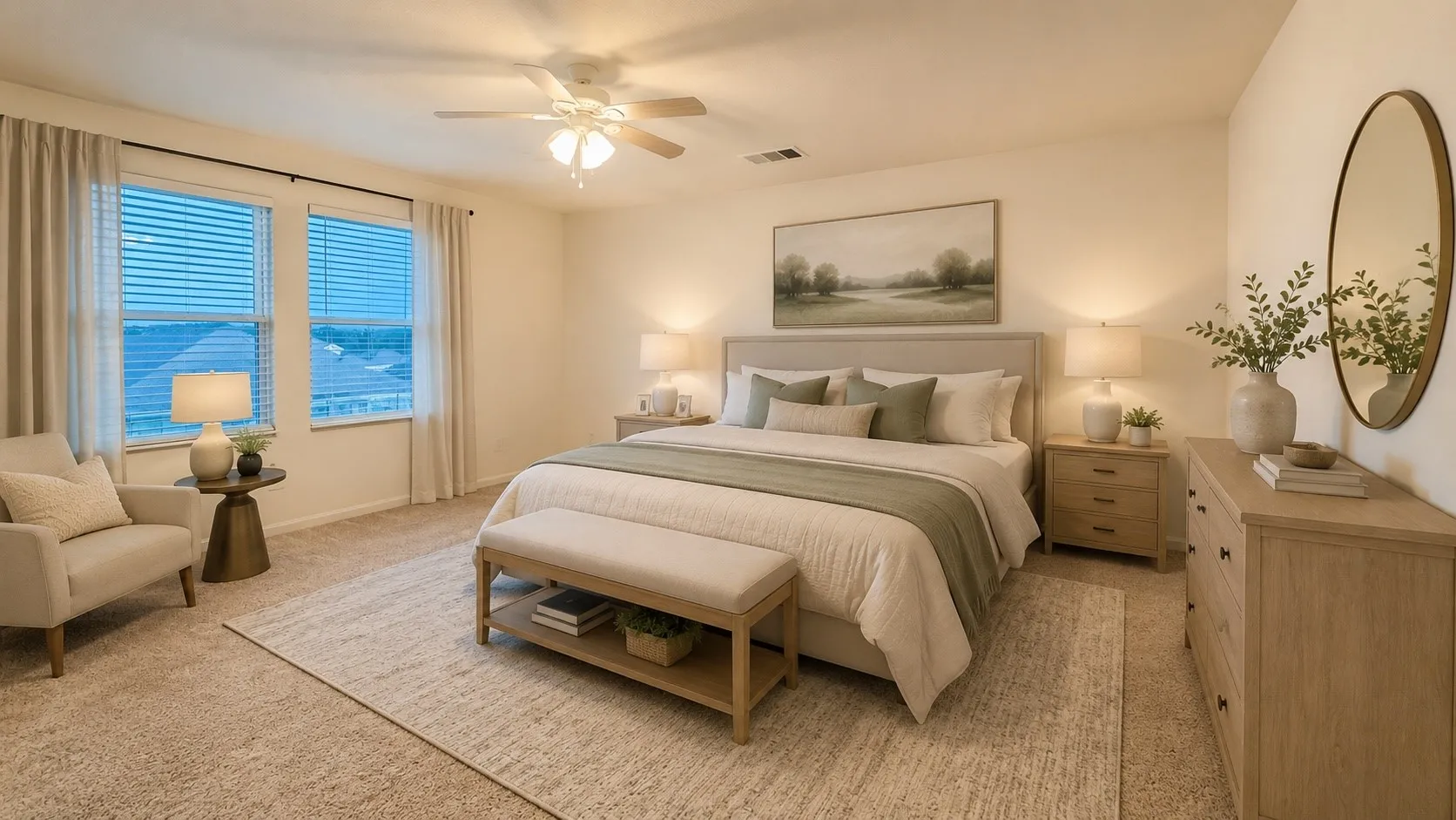 Spacious bedroom featuring light-toned carpeting, a ceiling fan with integrated lighting, and two windows with blinds
