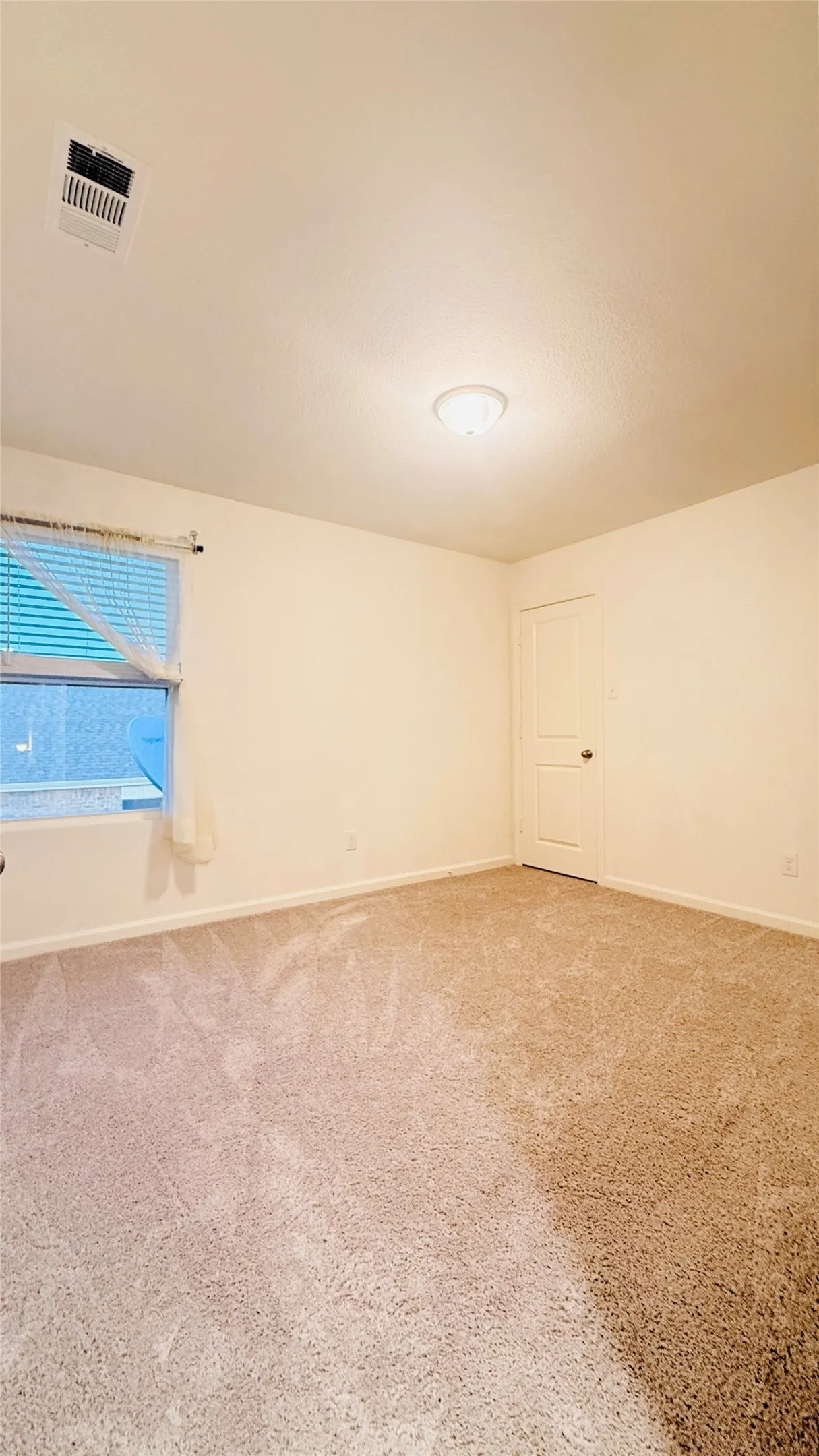 Carpeted room featuring a ceiling-mounted light fixture, louvered window blinds, and a white interior door