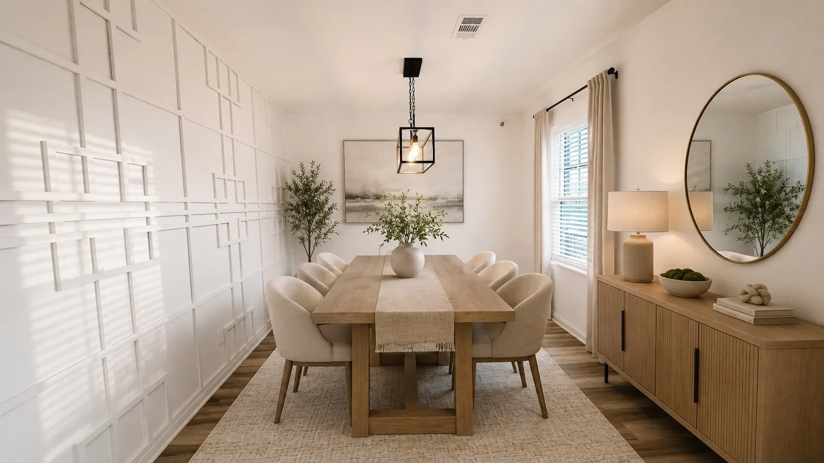 virtual Dining area with laminate-finish flooring and a decorative accent wall