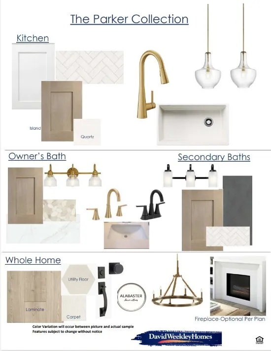 Design Board. Displaying material and fixture selections for the property's kitchen, bathrooms, and other areas