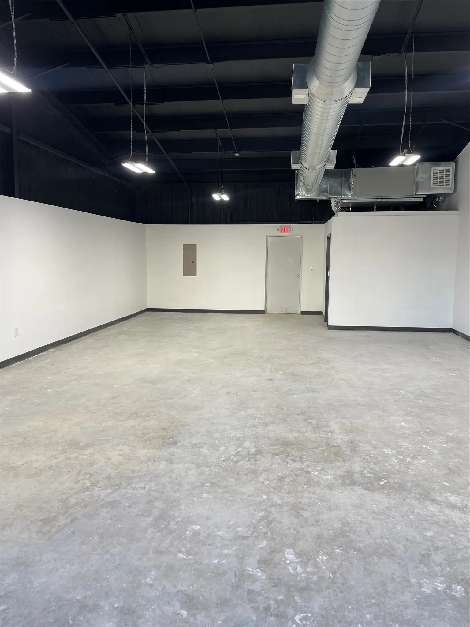 Basement with electric panel and a garage
